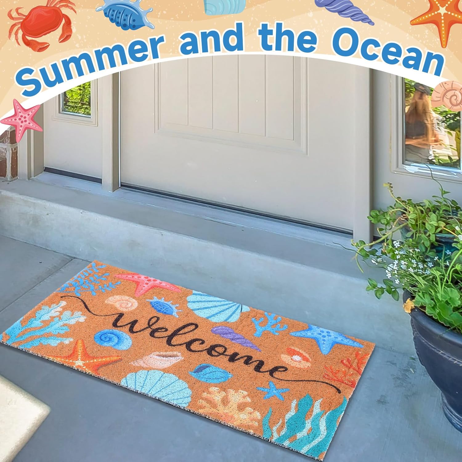 Booson 2 Pcs Welcome Mat Front Door Coastal Beach Coir Doormat Starfish Seashell Non Slip Entrance Door Rugs for Summer Outdoor Indoor Holiday Home Bathroom Decoration 29.5 x 15.8 inch