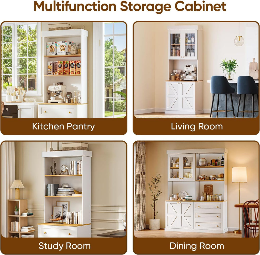 ivaniti 71" Tall Farmhouse Kitchen Pantry, Large Storage Cabinet with Glass Doors, Freestanding Coffee Bar Hutch with Microwave Stand, Adjustable Shelves for Kitchen, Living Room, White, Set of 2