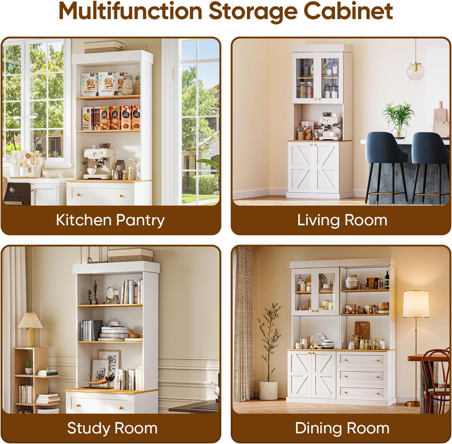 ivaniti 71" Tall Farmhouse Kitchen Pantry, Large Storage Cabinet with Glass Doors, Freestanding Coffee Bar Hutch with Microwave Stand, Adjustable Shelves for Kitchen, Living Room, White, Set of 2