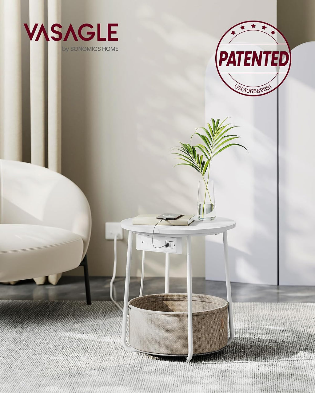 VASAGLE LILEA Collection - Side Table with Charging Station, Round End Table with Fabric Basket, Nightstand with USB Ports, for Living Room, Bedroom, Modern, Matte White and Camel Brown ULET228W01