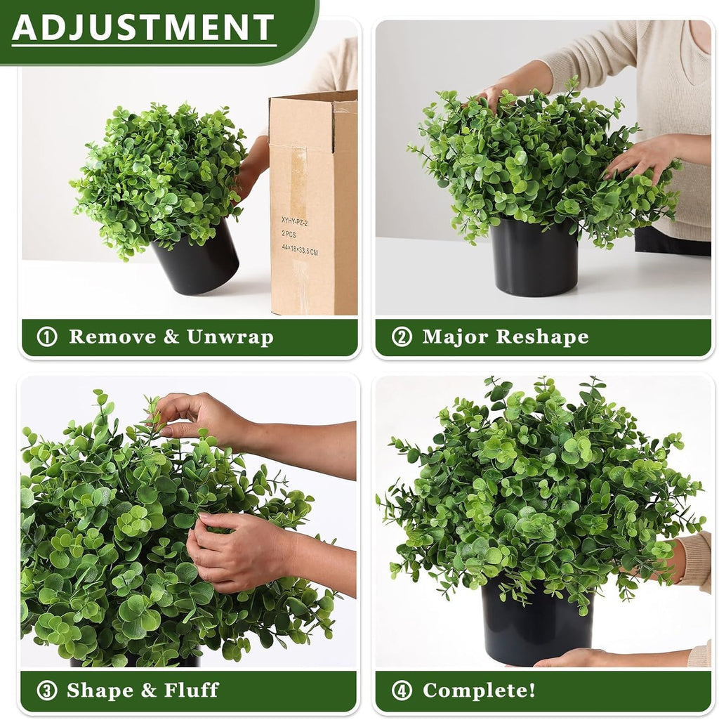 Set of 2 Artificial Eucalyptus Topiary Ball Trees for Front Porch Decor - 17" Faux Eucalyptus in Pot,Realistic Fake Eucalyptus Leaves Potted Plant for Farmhouse Home Front Door Outdoor Decor (Green)