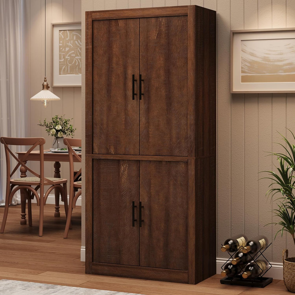 Takywep 70.45” Tall Farmhouse Kitchen Pantry Cabinet, Wood Storage Cabinet with 4 Doors & Adjustable Shelves, Anti-Tip Design, Sturdy Bookcase for Kitchen/Dining/Office, Walnut