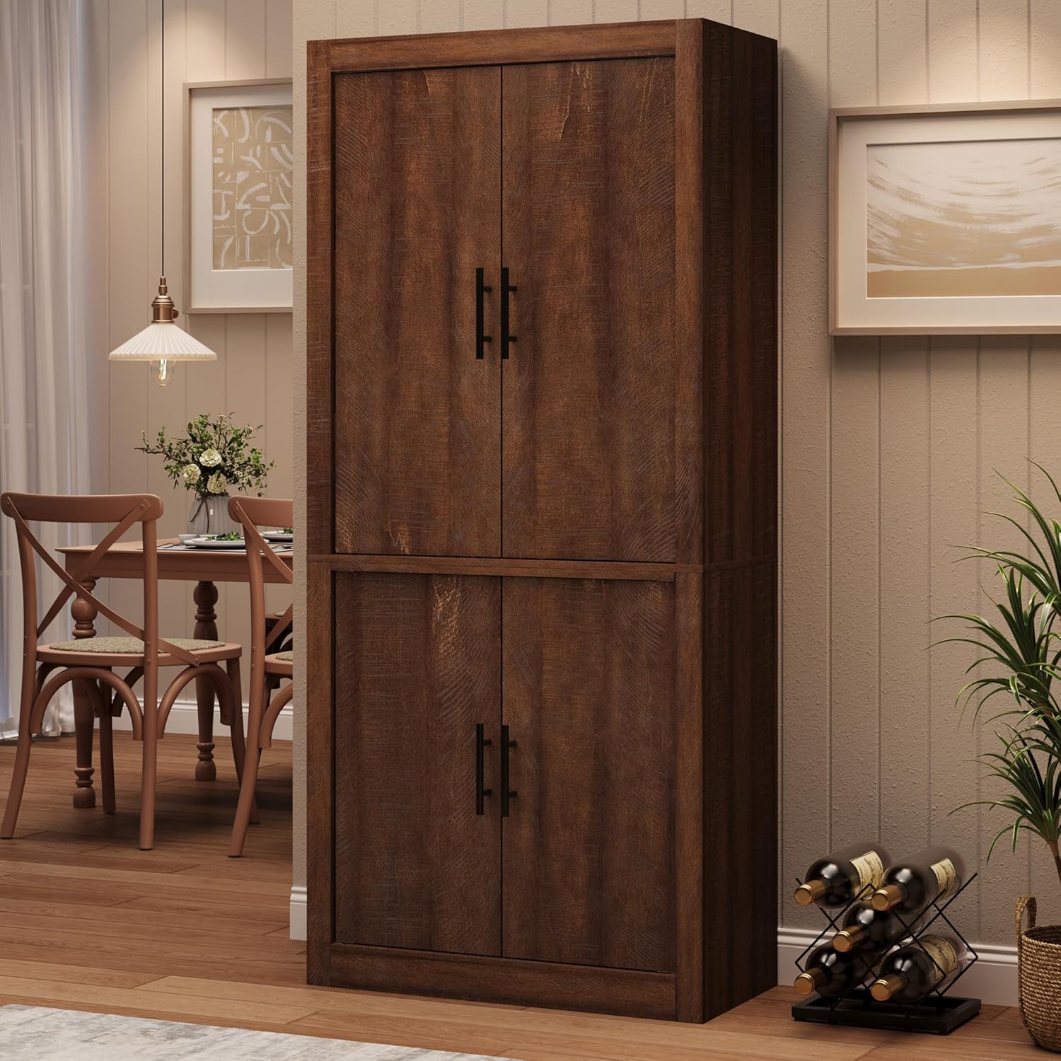 Takywep 70.45” Tall Farmhouse Kitchen Pantry Cabinet, Wood Storage Cabinet with 4 Doors & Adjustable Shelves, Anti-Tip Design, Sturdy Bookcase for Kitchen/Dining/Office, Walnut
