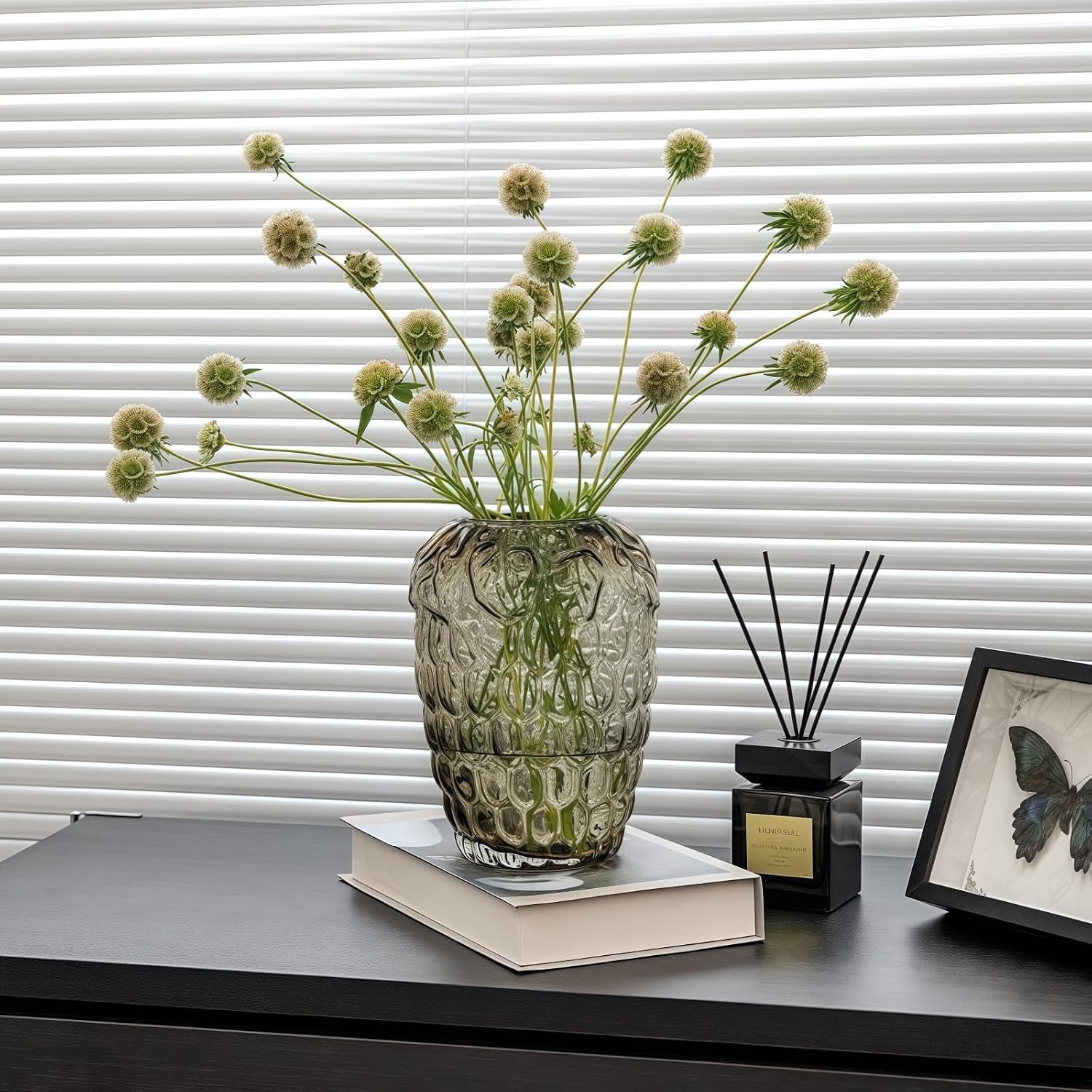 Lvases Amber Bubble Textured Nordic Modern Clear Glass Flower Vase | Minimalist glass vessel for fresh cut floral arrangement, table center decor for living room dining shelf indoor home display