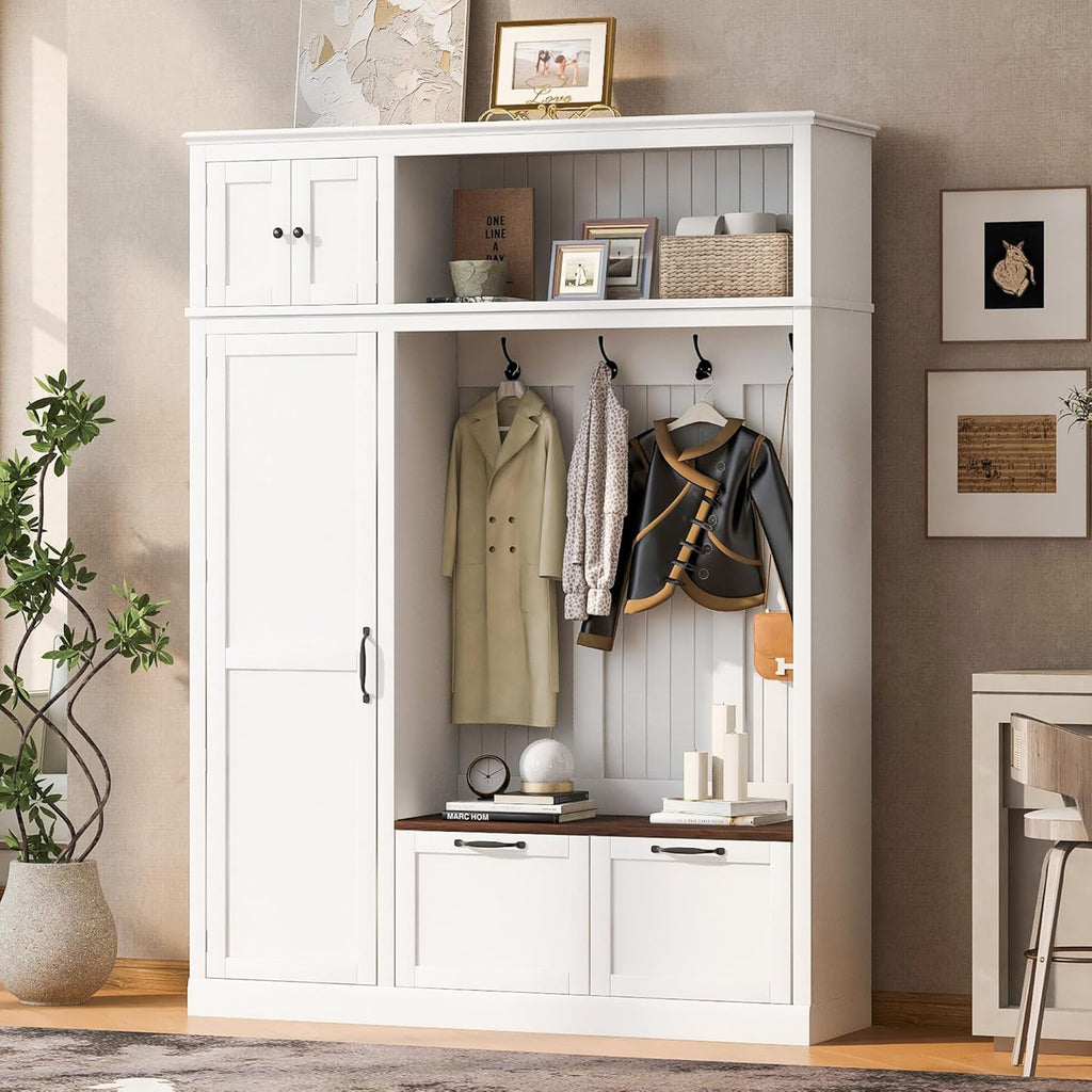 VilroCaz Versatile Wide Hall Tree with Storage Cabinet, Adjustable Side Shelves, Doors and 4 Hooks, Brown Wood Grain Shoe Bench with 2 Drawers, Entryway Coat Rack for Living Room Hallway (White-3.19)