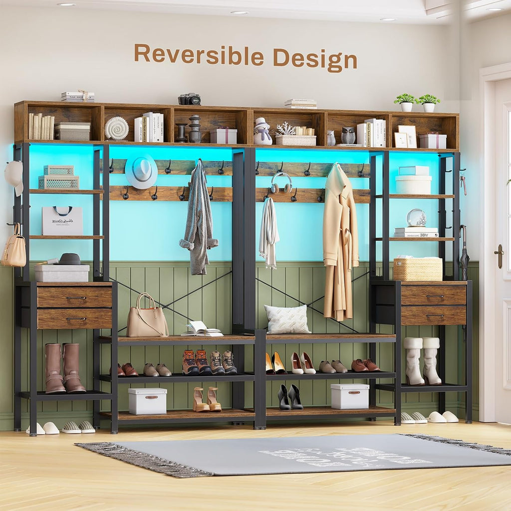 Itaar Hall Tree with Bench and Shoe Storage, 7-in-1 Entryway Bench with Coat Rack, 3 Storage Cubbies, 3 Open Shelves, 17 Coat Hooks, 2 Fabric Drawers (Rustic Brown)