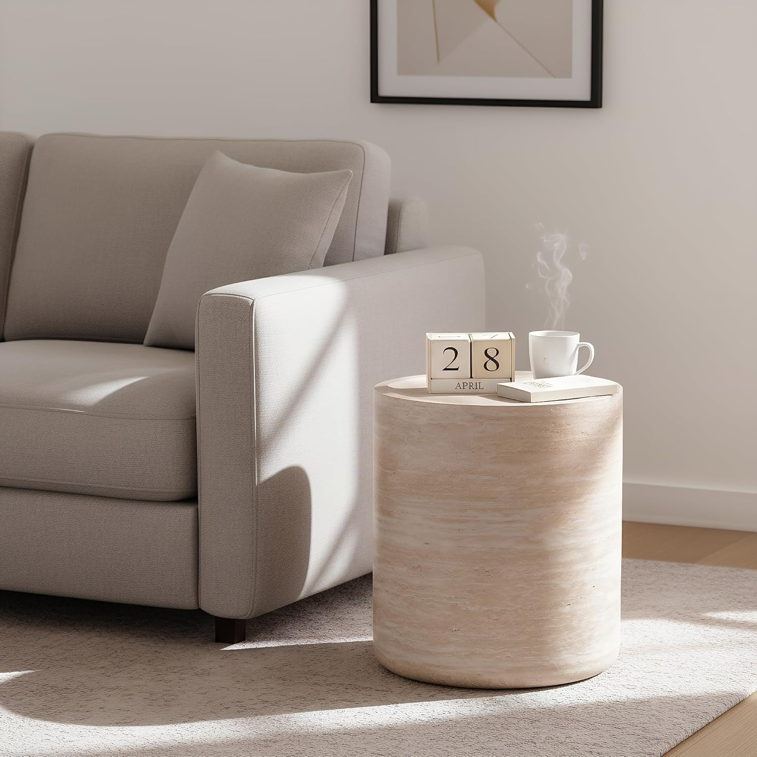 Henf Round End Table Faux Travertine Modern Sofa Side Table for Living Room, Modern Small Circle Faux Marble Side Table for Apartment, No Assembly Required