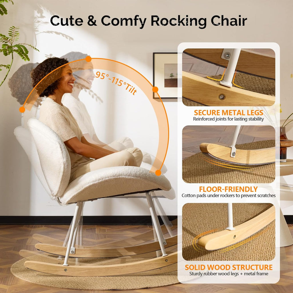 VINGLI 25.6" Extra Wide Criss Cross Nursery Rocking Chair,Cute Curved 115° Reclining Armless Glider,Teddy Small Rocker w/Pillow & Solid Wood for Indoor,Bedroom, Living Room,Teddy Fleece,White