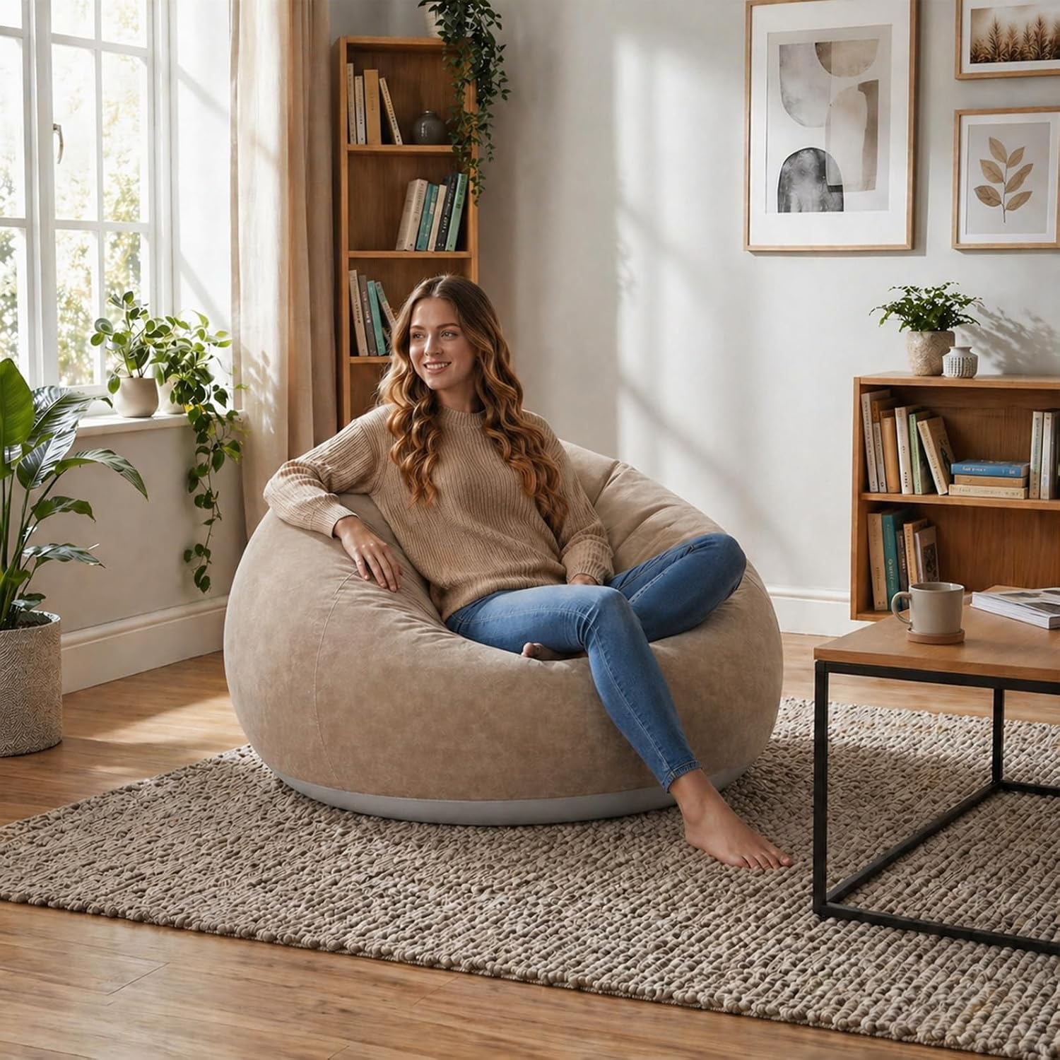 Inflatable Bean Bag Chairs for Adults with Electric Air Pump, Floding Portable Blow Up Couch, Inflatable Lazy Sofa for Outdoor, Movie Nights, Camping and Room (2pcs-Brown)