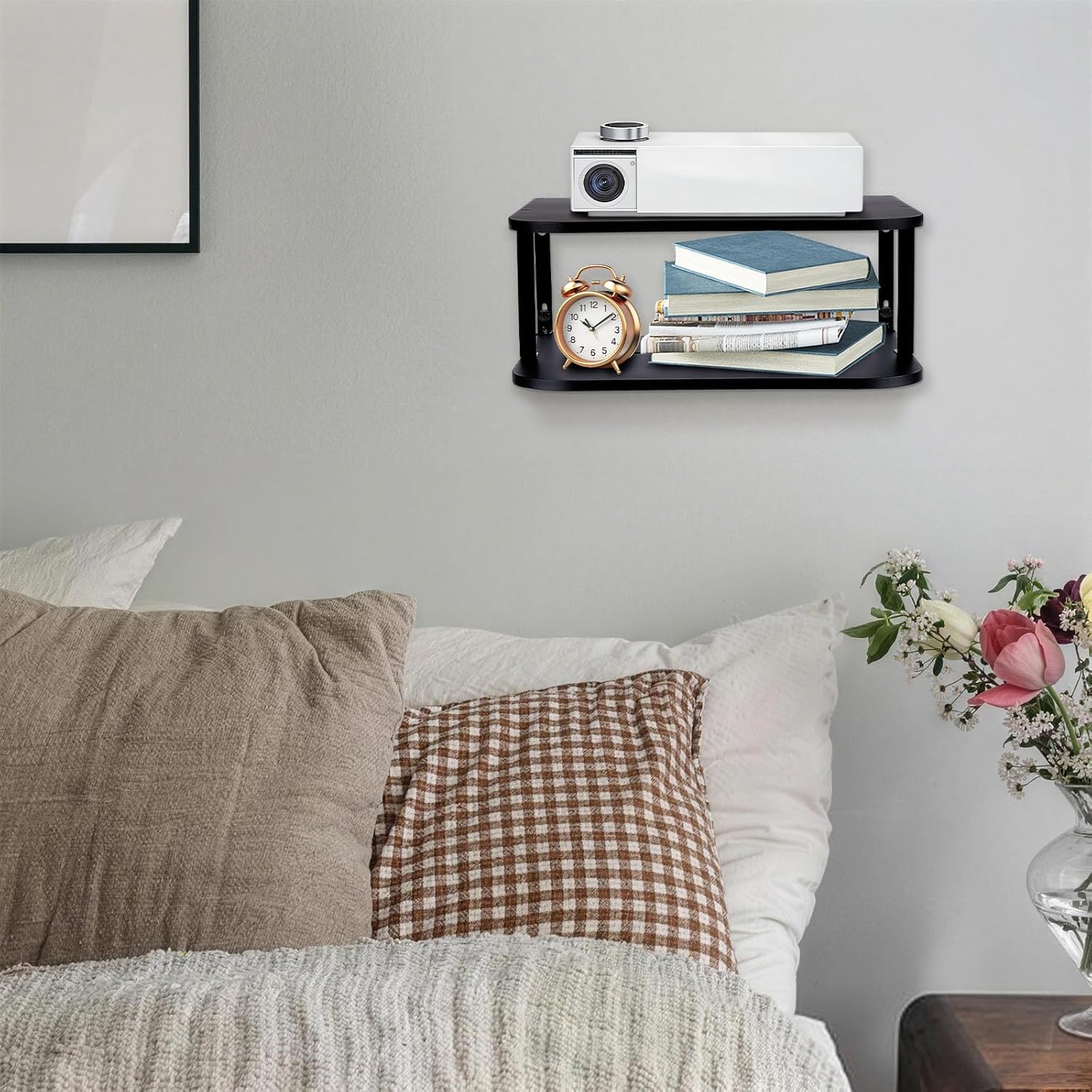 Black Projector Shelf for Wall 2 Tier Floating Projector Wall Mount Pine Wood Game Shelf Stand for Xbox Router Holder Stand Accessories