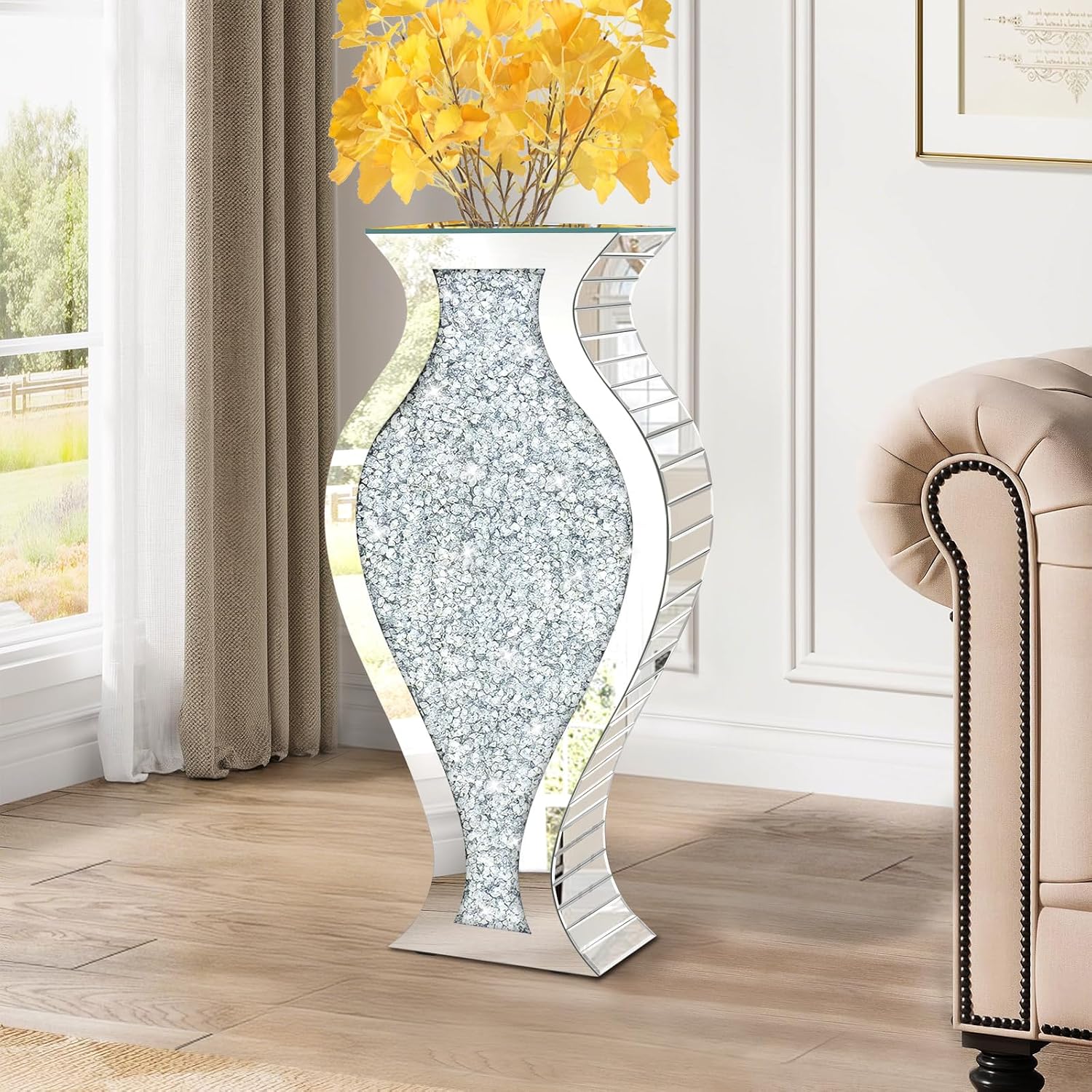 27" Tall Crushed Diamond Floor Vase, Fish-Shaped Silver Large Vases for Decor Living Room, Crystal Mirrored Home Decor Vases for Dried Flower