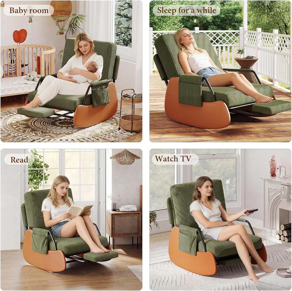Furniliving Modern Glider Rocking Chair, Upholstered Nursery Glider Chair with Adjustable Recline & Retractable Footrest, Comfortable Lounge Chair for Mom Nursery Living Room Bedroom (Green)