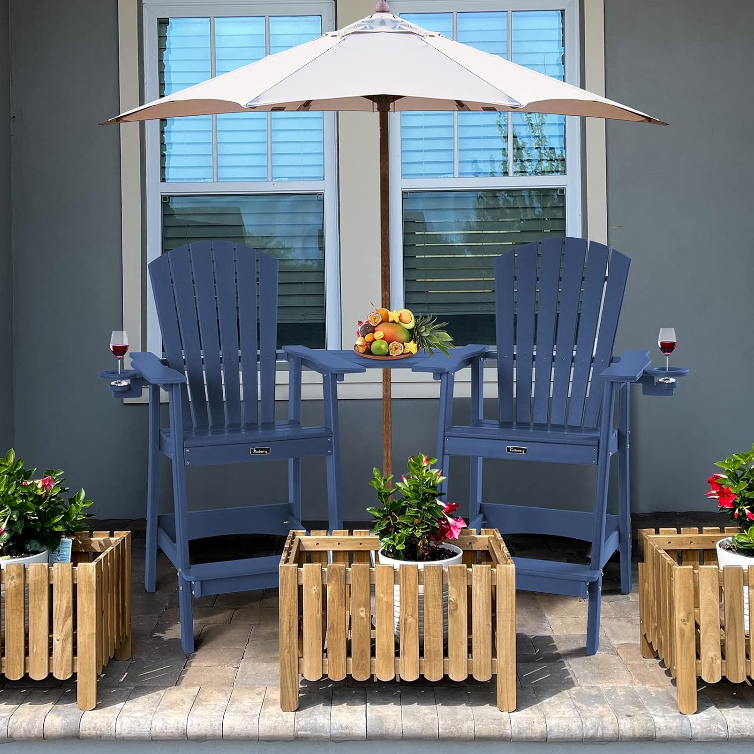 FUNBERRY Tall Adirondack Chairs Set of 2 with Removable Connecting Table, All Weather High Top Balcony Chair with Cup Holders