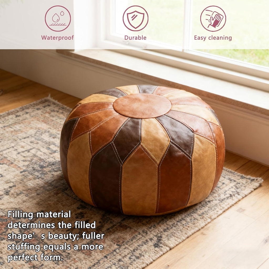 Thgonwid Unstuffed Moroccan Faux Leather Pouf Ottoman Cover with Storage - Boho Chic Multi-Use Footrest for Living Room, Bedroom, Patio - Round Ethnic Floor Cushion & Decorative Accent, Tricolor