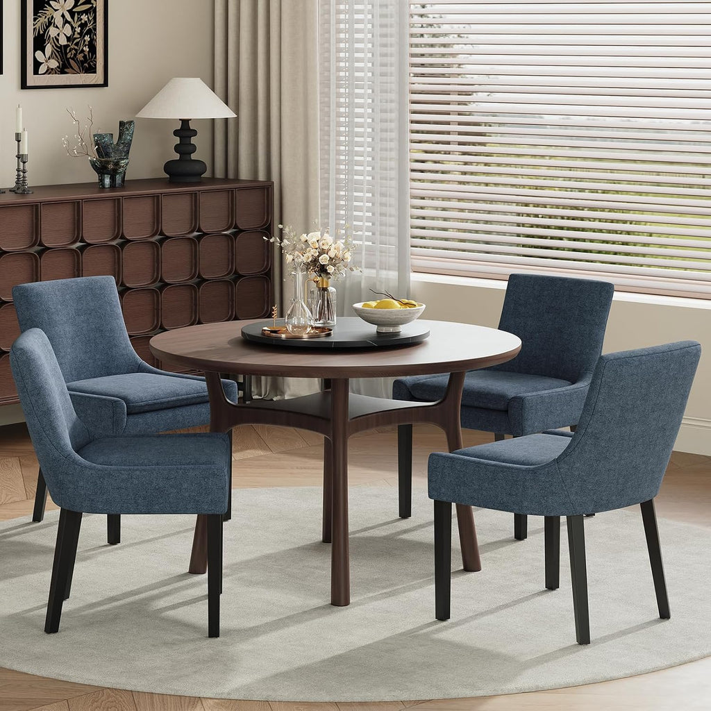COLAMY Modern Dining Chairs Set of 4, Upholstered Corduroy Accent Side Leisure Chairs with Mid Back and Wood Legs for Living Room/Dining Room-Blue