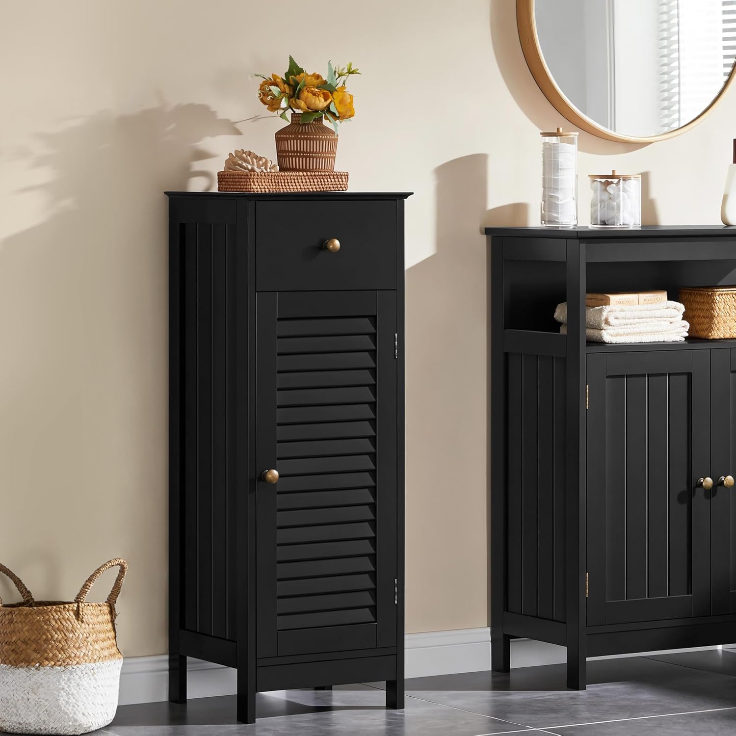Yaheetech 34.5”H Bathroom Storage Cabinet, Narrow Floor Cabinet with 1 Drawer & 1 Door,Slim Storage Organization for Bathroom,Living Romm,Hallway,Corner,Small Space,Black