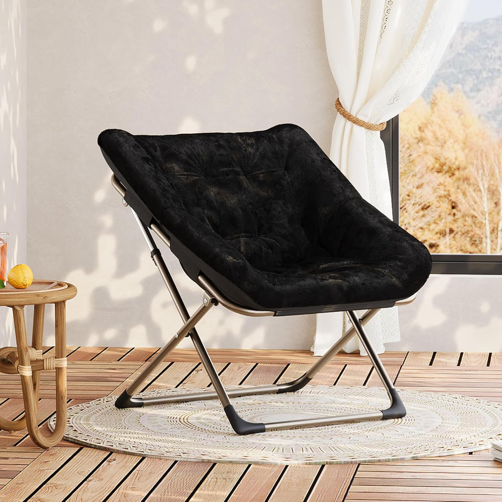 Collapsible Saucer Chair for Adults – Soft Faux Fur, Metal Frame, 300 Lbs Capacity, No Assembly Needed – for Bedroom, Living Room, Dorm or Apartment