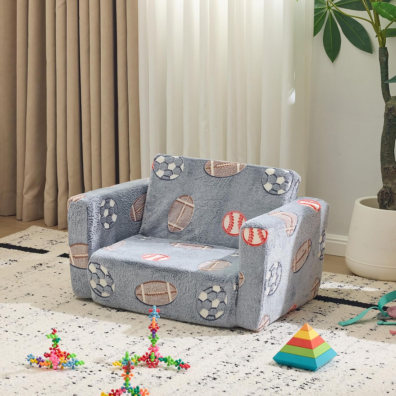 Karl home Comfy 2-in-1 Toddler Chair and Couch, Convertible Plush Fold Out Sofa to Lounger for Kids, Flip Open Sleeper for Playroom, Glowing Blue Ball