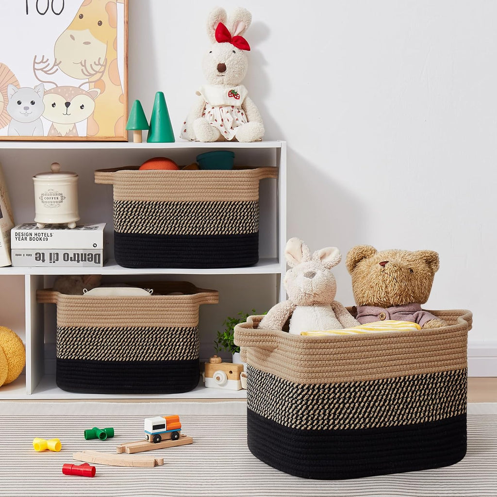OIASKET Storage Basket for Organizing, Woven Baskets for Storage, Rectangle Decorative Baskets for Shleves, Closet, Toys, Books, Nursery Organizer Bins - Pack of 3 (Black & Brown, 15.75"x11.8"x9.85")