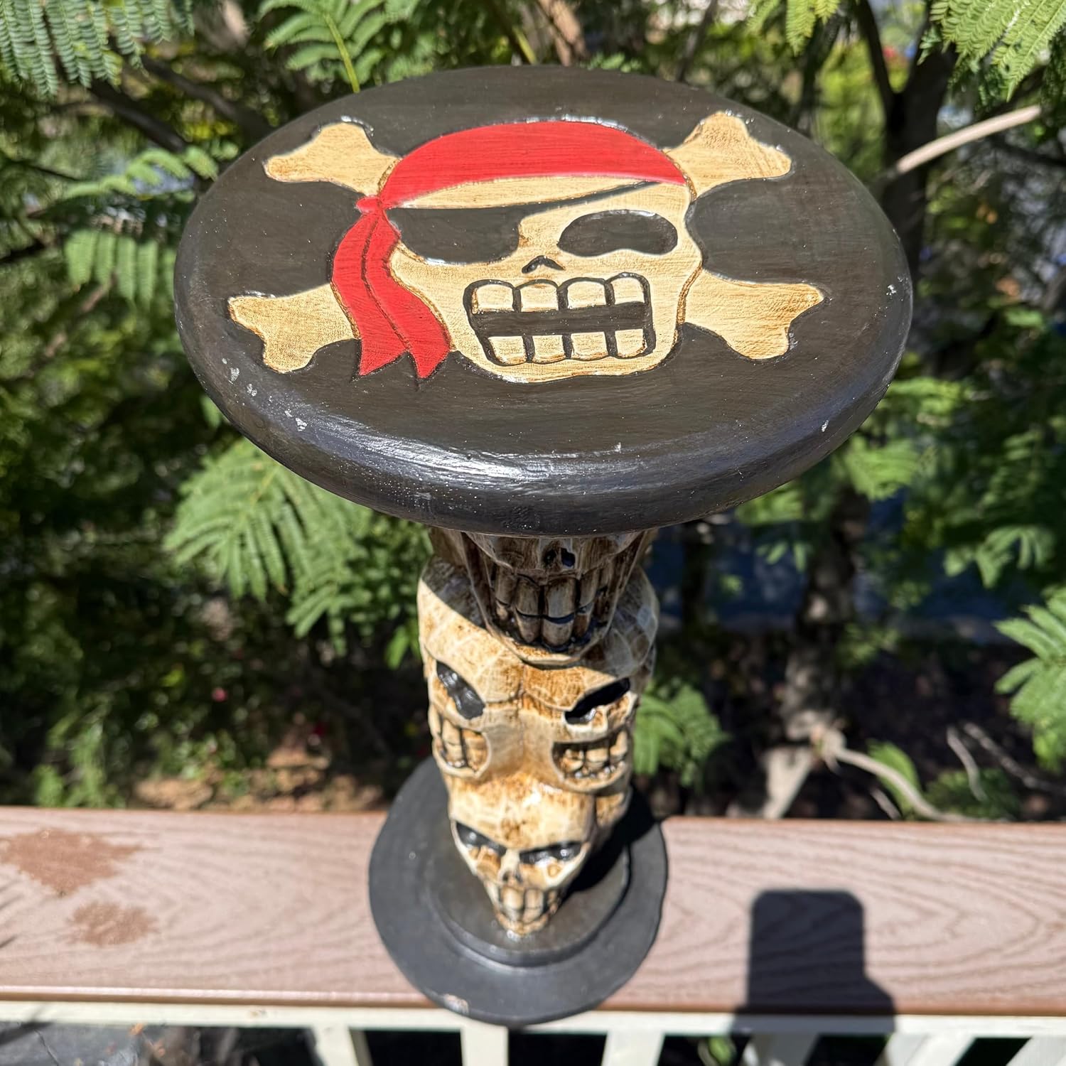 Pirate Skull and Crossbones Side Table, Hand-Carved Wood, 21 Inches Tall, 10-Inch Round Top Set of 2