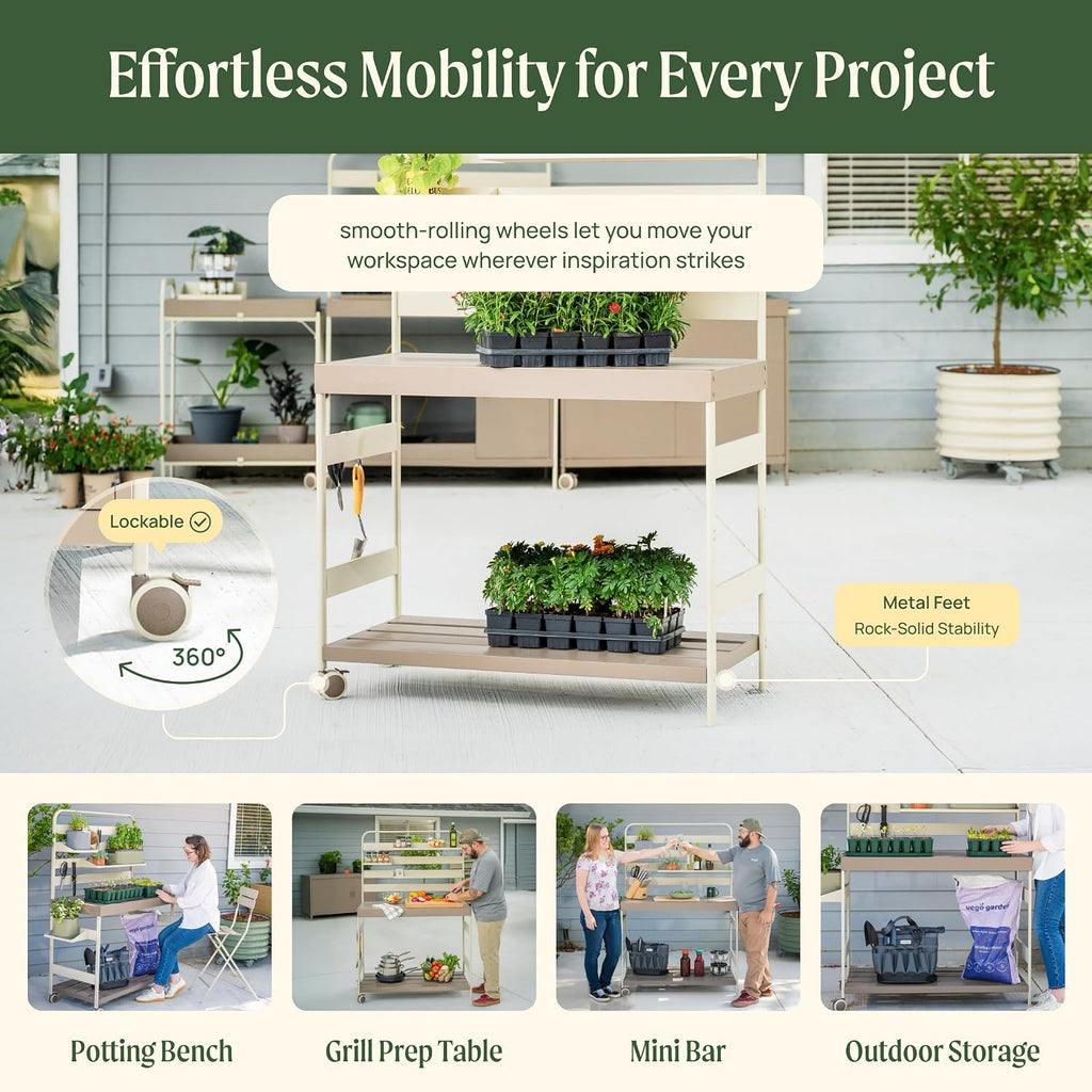 Vego Garden Metal Garden Workstation, Outdoor Gardening Potting Table with Wheels, Work Bench with Large Powder-Coated Steel Tabletop for Outdoor