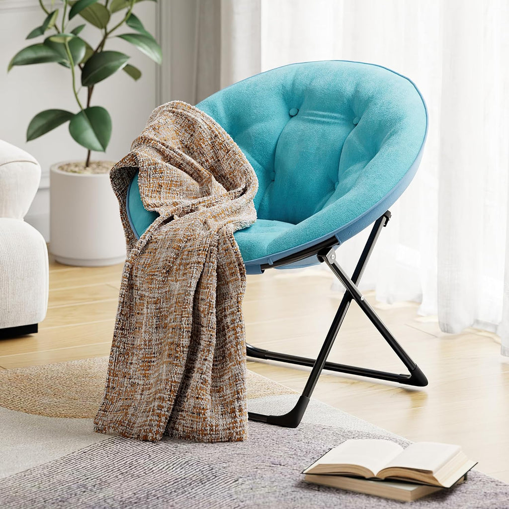 Garvee Saucer Chair for Adults - Oversized Faux Fur Lounge Chair with Gold Metal Frame, Foldable Comfy Seat for Bedroom, Dorm & Living Room, (Green)