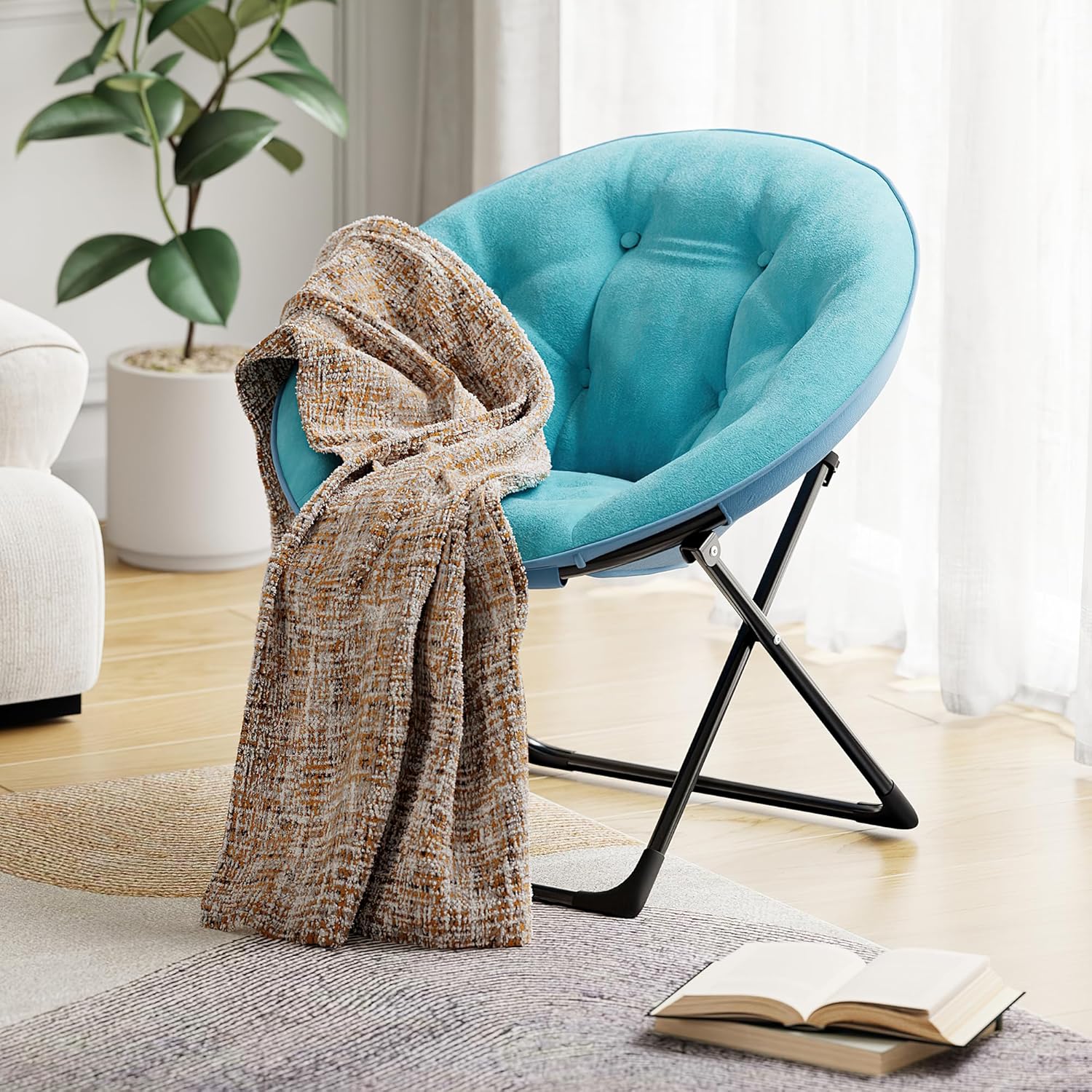 Garvee Saucer Chair for Adults - Oversized Faux Fur Lounge Chair with Gold Metal Frame, Foldable Comfy Seat for Bedroom, Dorm & Living Room, (Green)