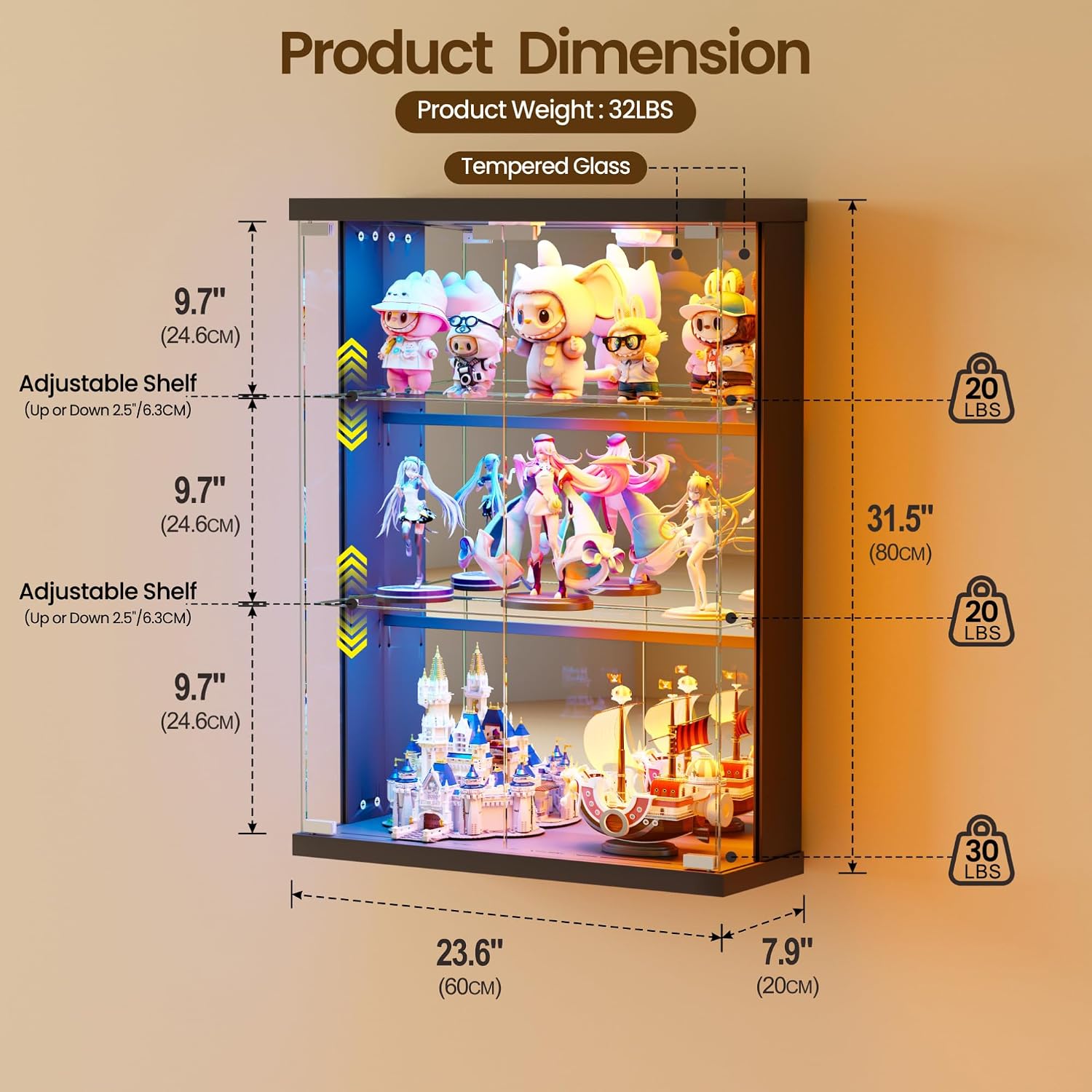 Wall Display Case with Glass Doors - RGB Hanging Display Cabinet with Auto Sensor Lights, Glass Door Cabinet with Adjustable Shelves, Shot Glass Display Case for Collectibles, Figures, Cards (Black)