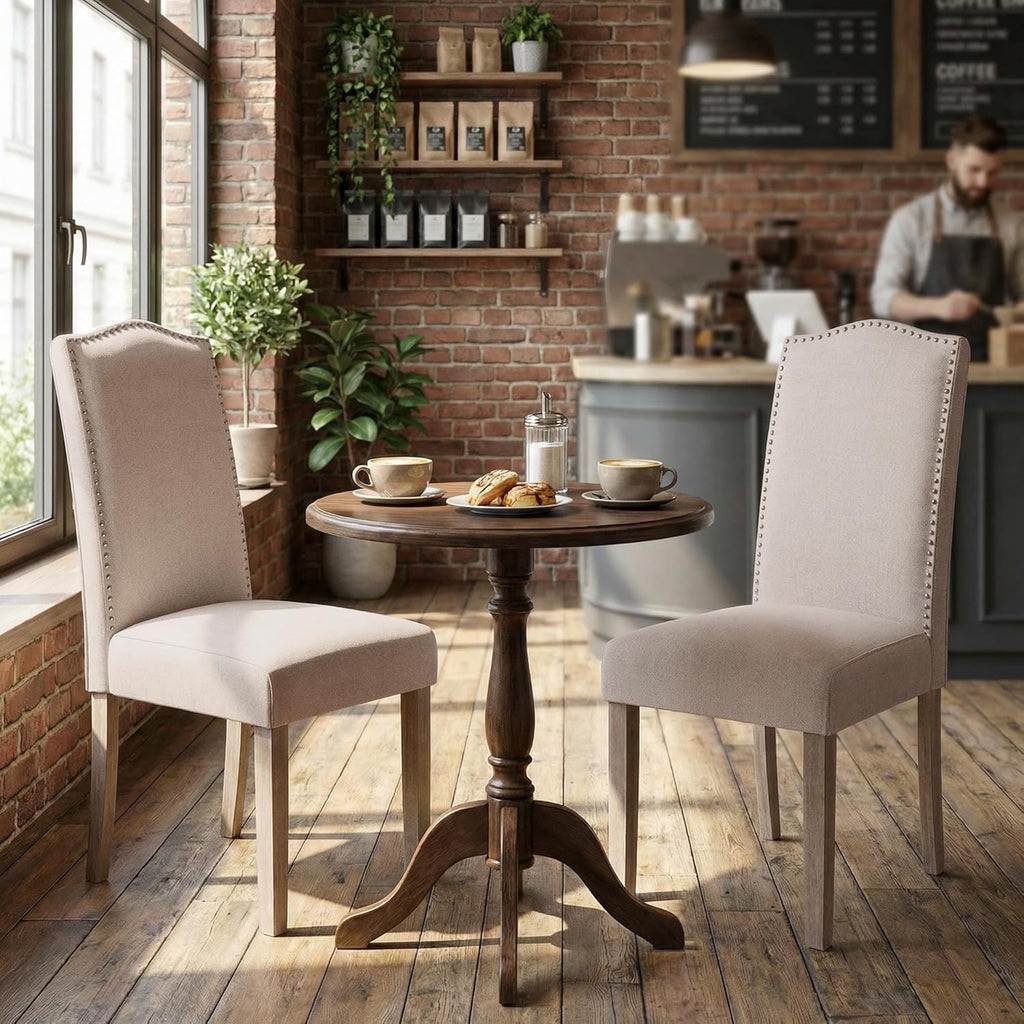 Upholstered Dining Chair Modern Stylish Parsons Kitchen Diner High Back with Silver Nailhead Trim & Wood Legs, Set of 4, Fabric Beige