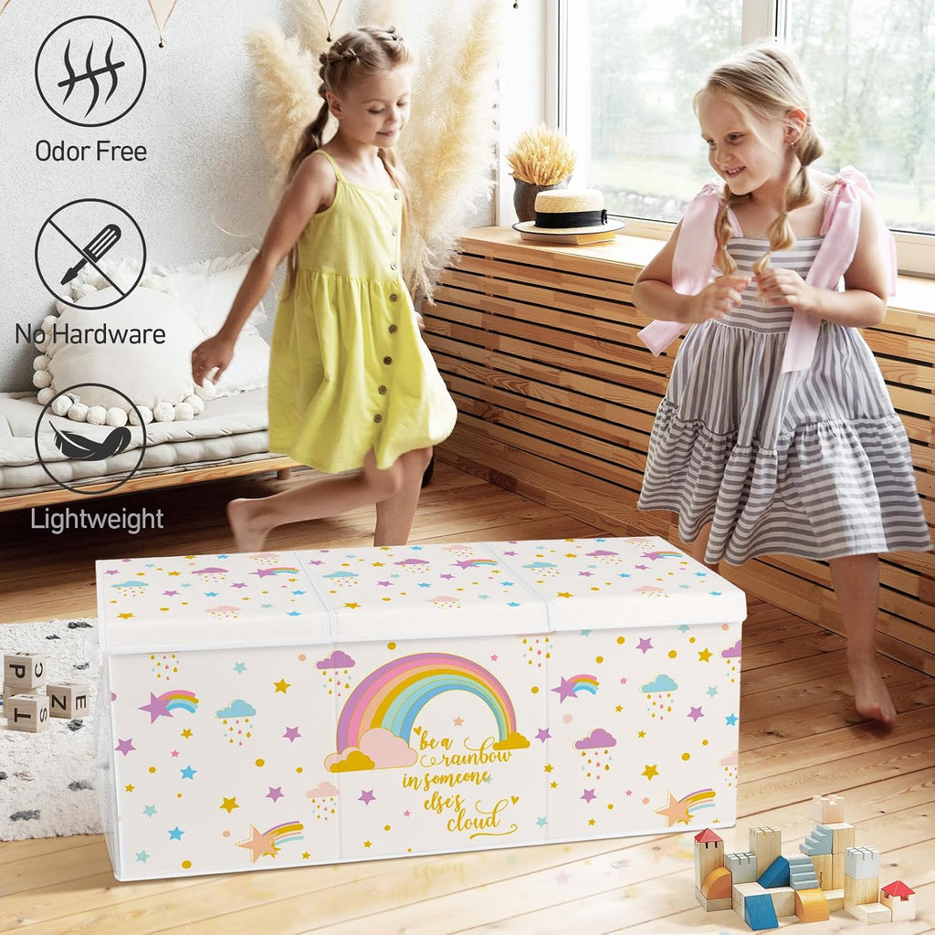 Extra Large Collapsible Toy Box with Lids, Sturdy Storage Organizer, 38"x16"x13" Toy Chest for Playroom, Nursery, Bedroom, Living Room (Rainbow and Stars)