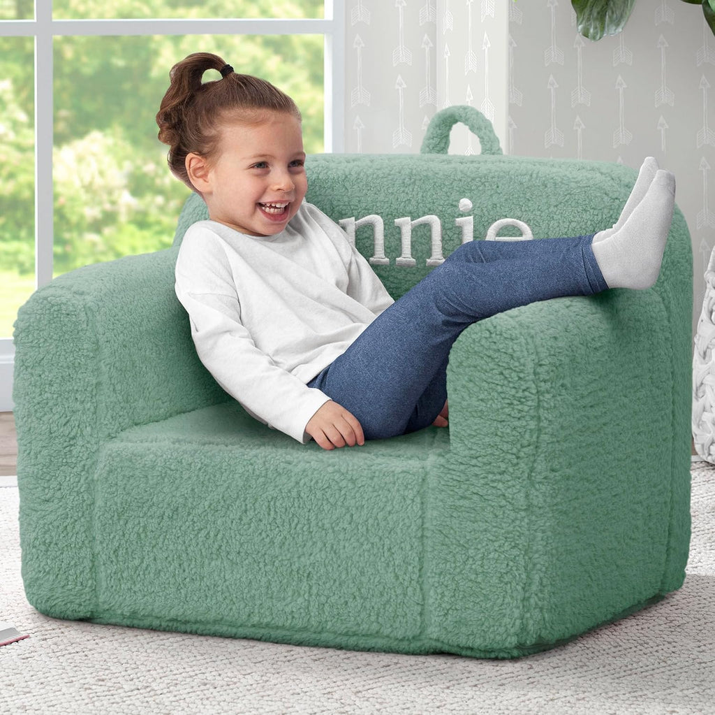 Delta Children Personalized Sherpa Cozee Chair - Customize with Name – Foam Kids Chair for Ages 18 Months and Up, Sage