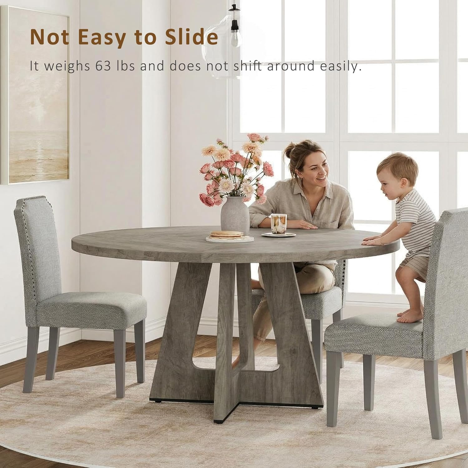 Garvee 47" Round Dining Table for 4 to 6, Farmhouse Kitchen Table with Cross Pedestal Base, 63 Lbs Circle Dinner Table, Not Easy to Slide - Grey (No Chairs)