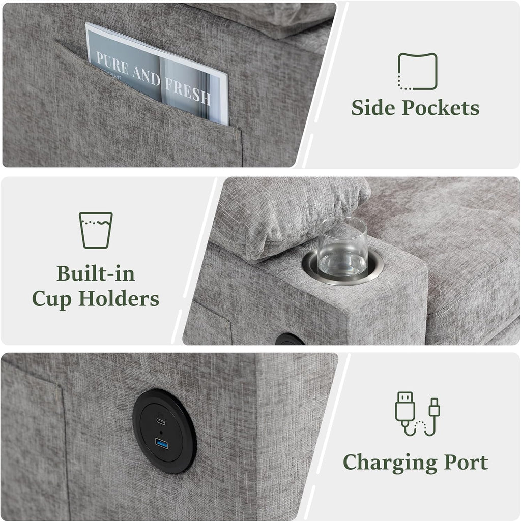 Oversized Chaise Lounge Chair with Ottoman and Cup Holders, Modern Sleeper Sofa with USB Charging Ports for Living Room and Bedroom (Grey)