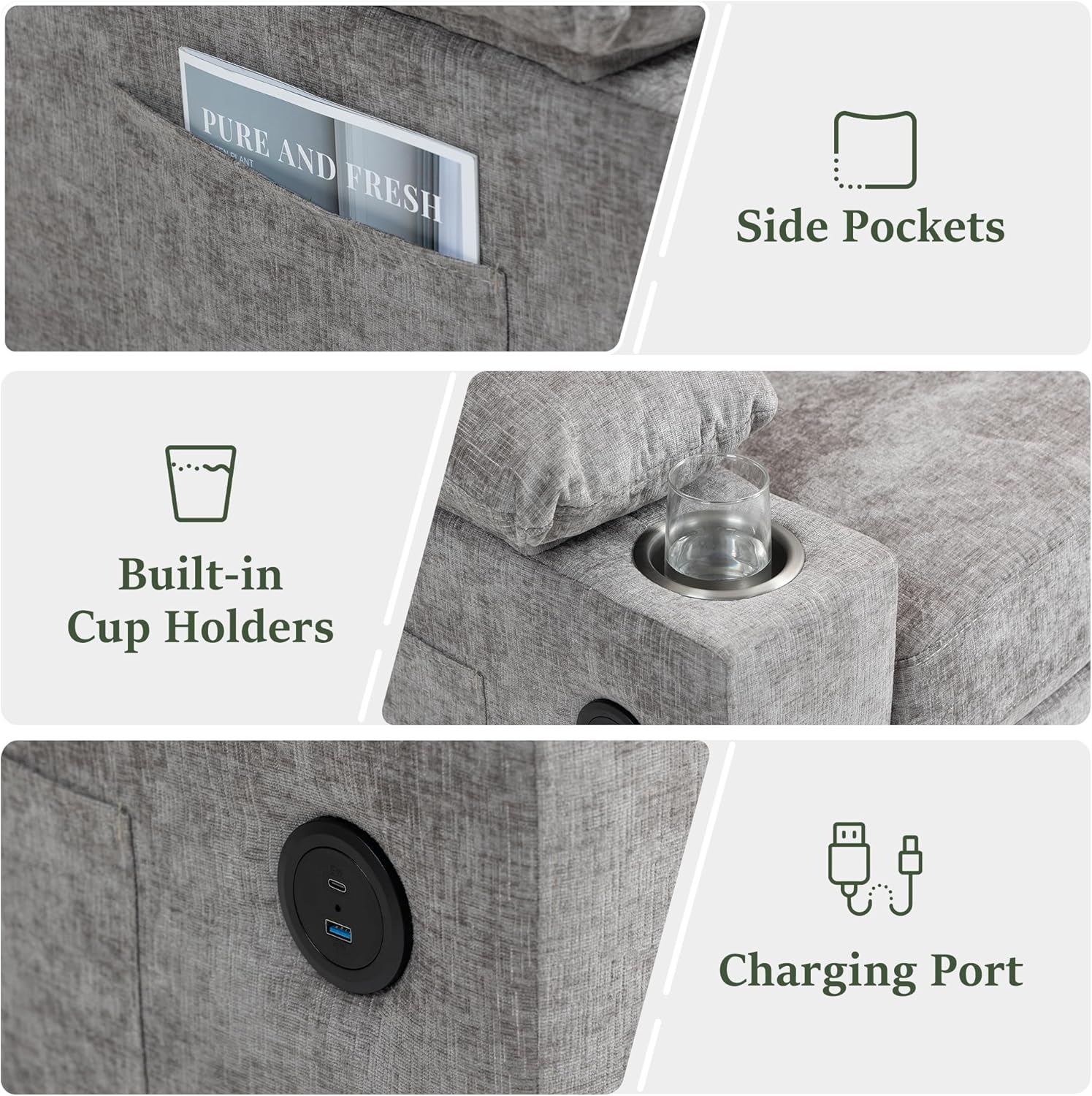 Oversized Chaise Lounge Chair with Ottoman and Cup Holders, Modern Sleeper Sofa with USB Charging Ports for Living Room and Bedroom (Grey)