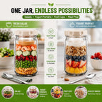 XLMYS 4 Pack Salad Jar, 32oz Salad Jars with Separate Wet/Dry Dressing Cup, Leakproof Salad Container for Lunch, Glass Food Storage for Home, Office and Outdoor