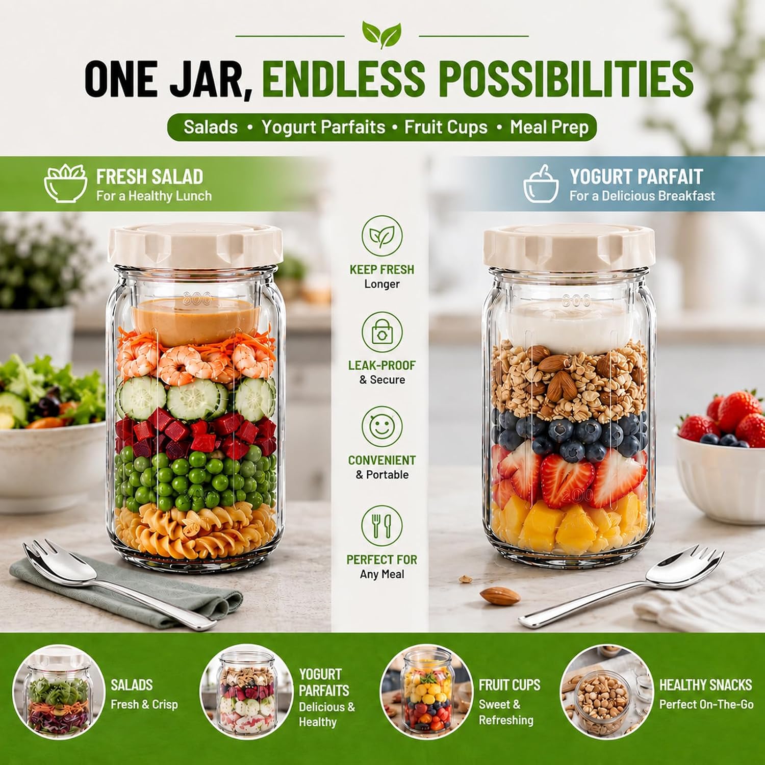 XLMYS 4 Pack Salad Jar, 32oz Salad Jars with Separate Wet/Dry Dressing Cup, Leakproof Salad Container for Lunch, Glass Food Storage for Home, Office and Outdoor