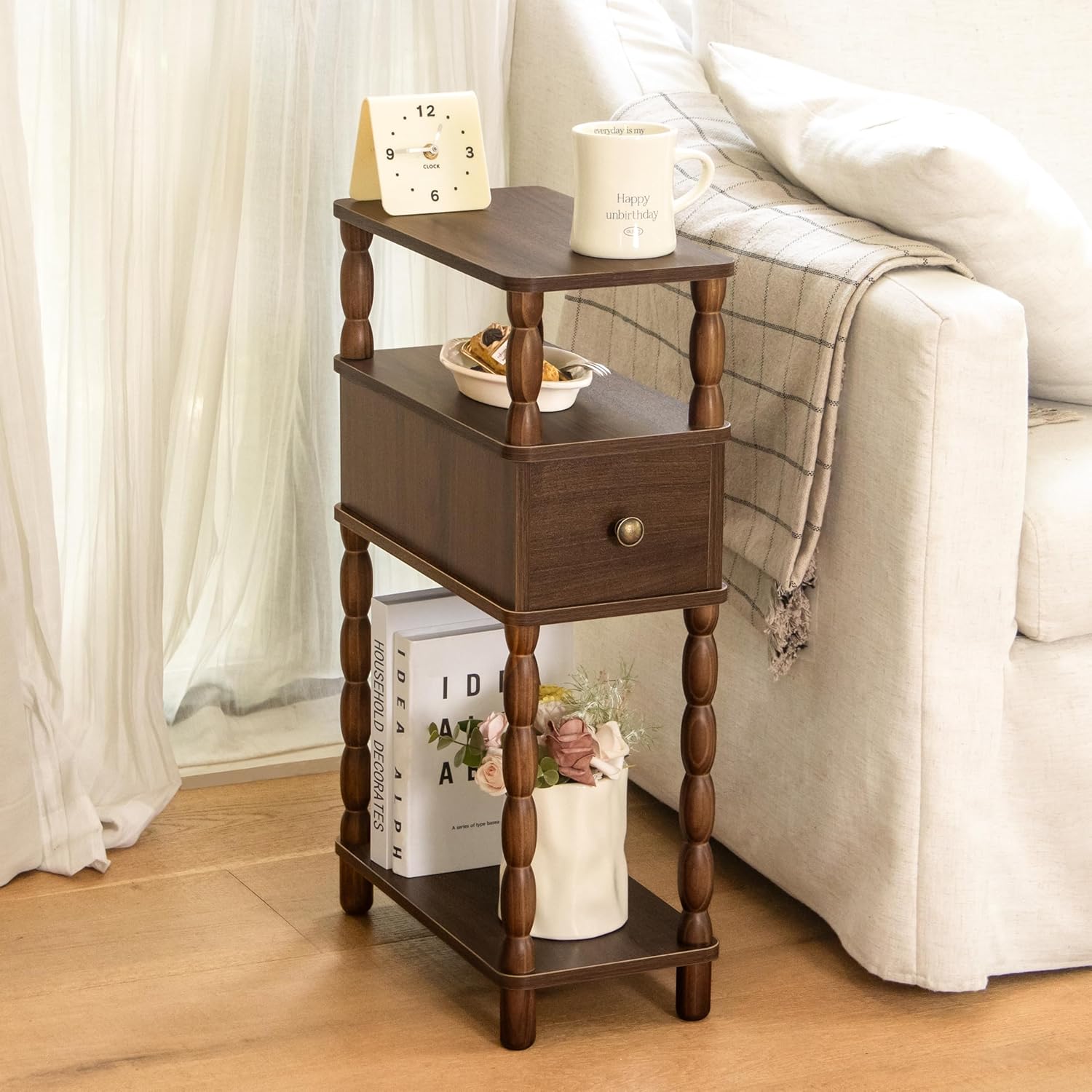 MaxSmeo Narrow Side Table, Small Nightstand with Drawer, Skinny End Table with Storage for Small Spaces, Bedroom, Living Room (Walnut Brown)