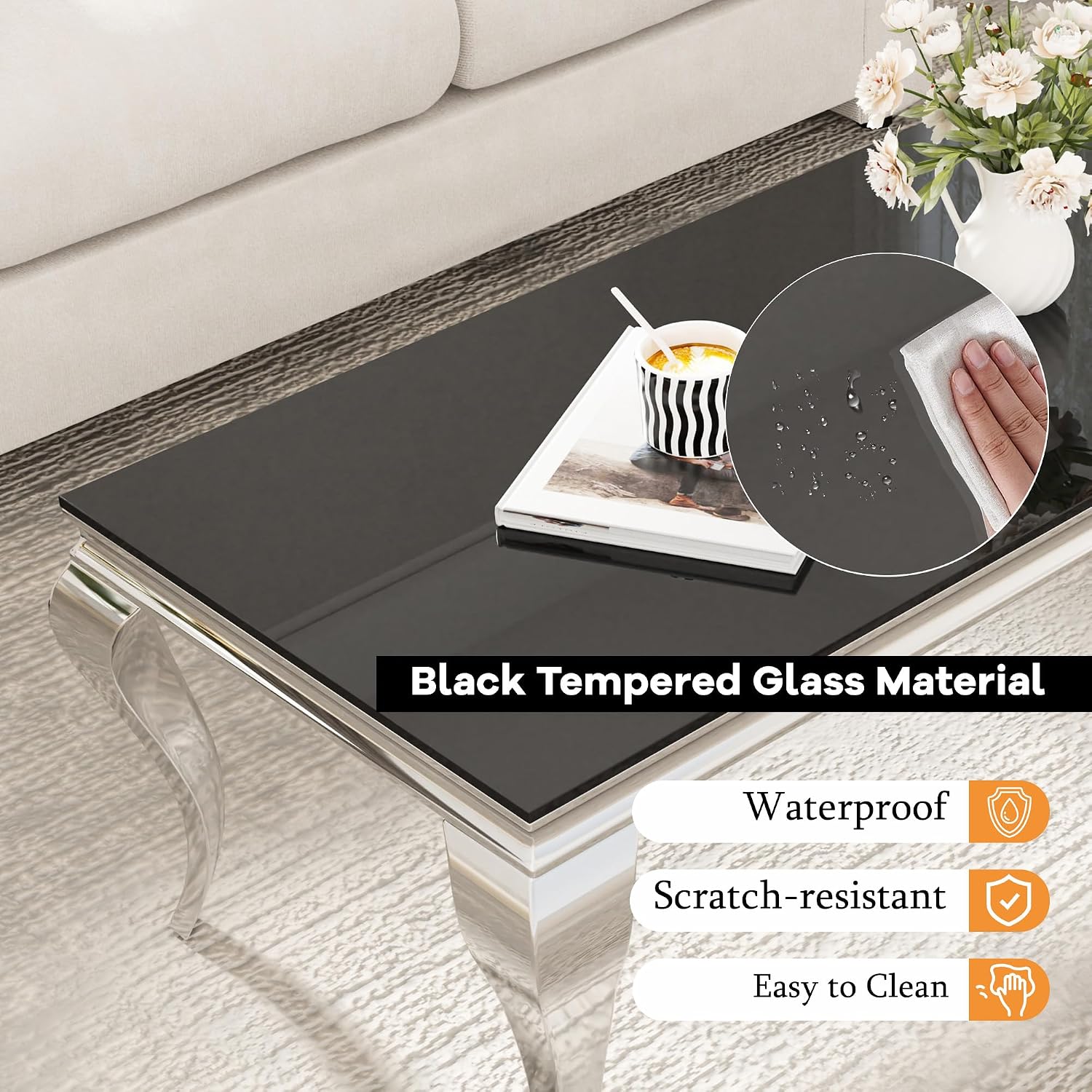 22.8 Inch Glass End Table, Modern Small Square Side Table with Black Tempered Glass Top and Silver Stainless Steel Legs, for Living Room, Bedroom, Apartment