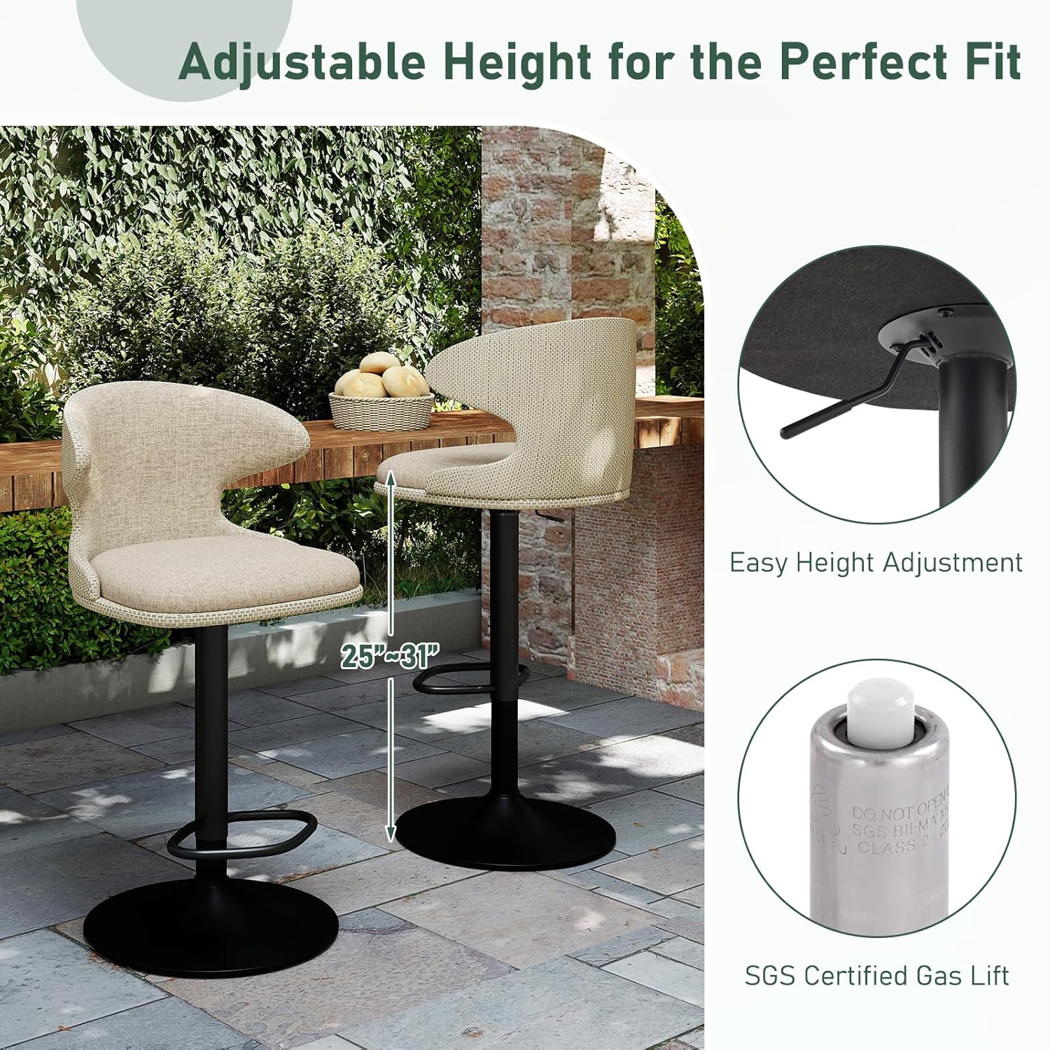 Furnimart Outdoor Bar Stools Set of 2, 360° Swivel Patio Bar Chairs with Adjustable Height & Waterproof Cover, PU Seat & Textilene Mesh Back, Counter & Bar Height Stools for Backyard, Balcony, Beige