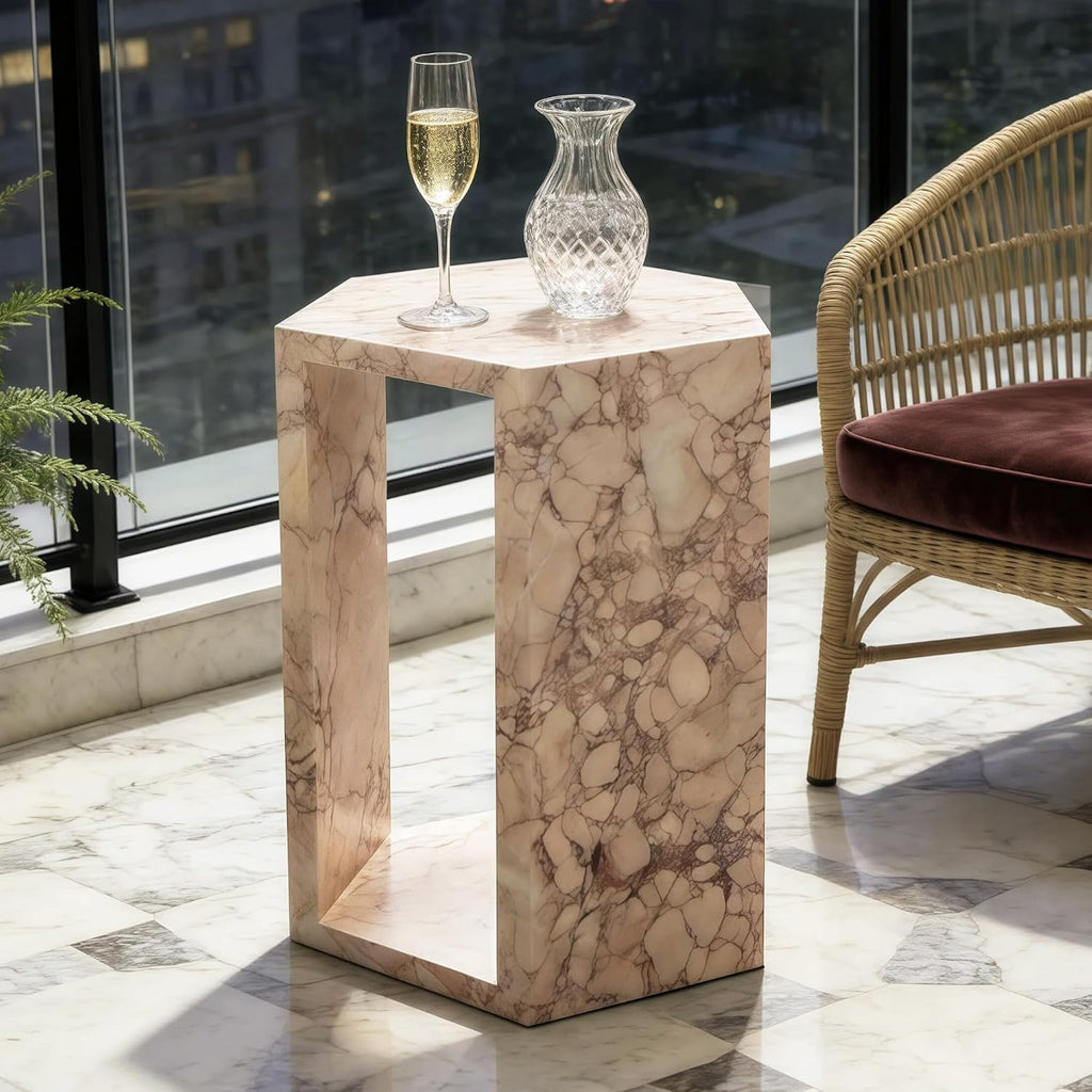 Modern Pink Natural Marble Side Table,Hexagon Accent Tables for Small Spaces,Luxury Real Marble End Table,Solid Stone Accent Tables Living Room,Nightstand