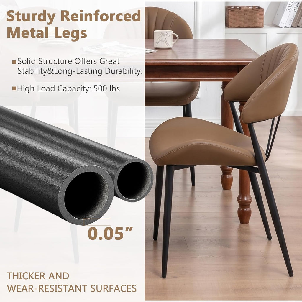 PU Leather Dining Chairs Set of 6, Mid Century Modern Dining Chairs with Stitching, Upholstered Kitchen & Dining Room Chairs with Curved Back and Black Metal Legs (Brown)