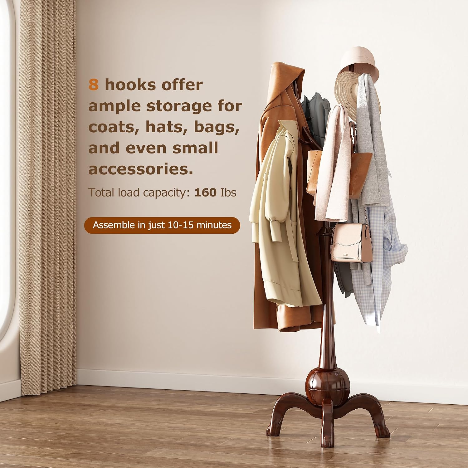 Wood Freestanding Coat Rack 8 Hooks Coat Tree Standing,Dark Walnut | Wooden Creative Clothes Hanger with Sturdy Sphere Base and Tree Branch Hooks 160lb Load Capacity for Entryway Hallway Bedroom