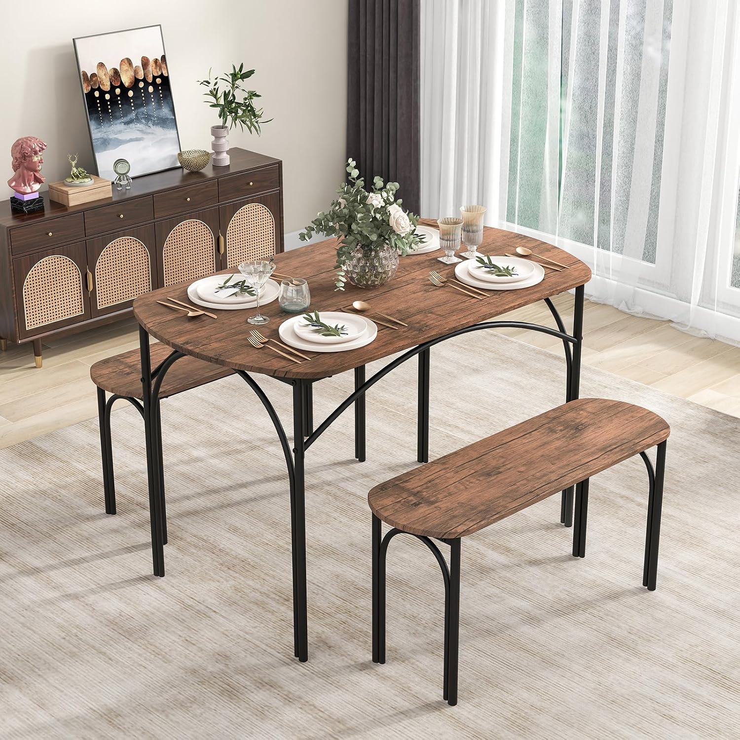 GOFLAME 3-Piece Dining Table Set for 4, Wooden Kitchen Table and 2 Benches Set with Metal Frame, Space-Saving Dinette Set for Living Room, Dining Room, Breakfast Nook, Small Space