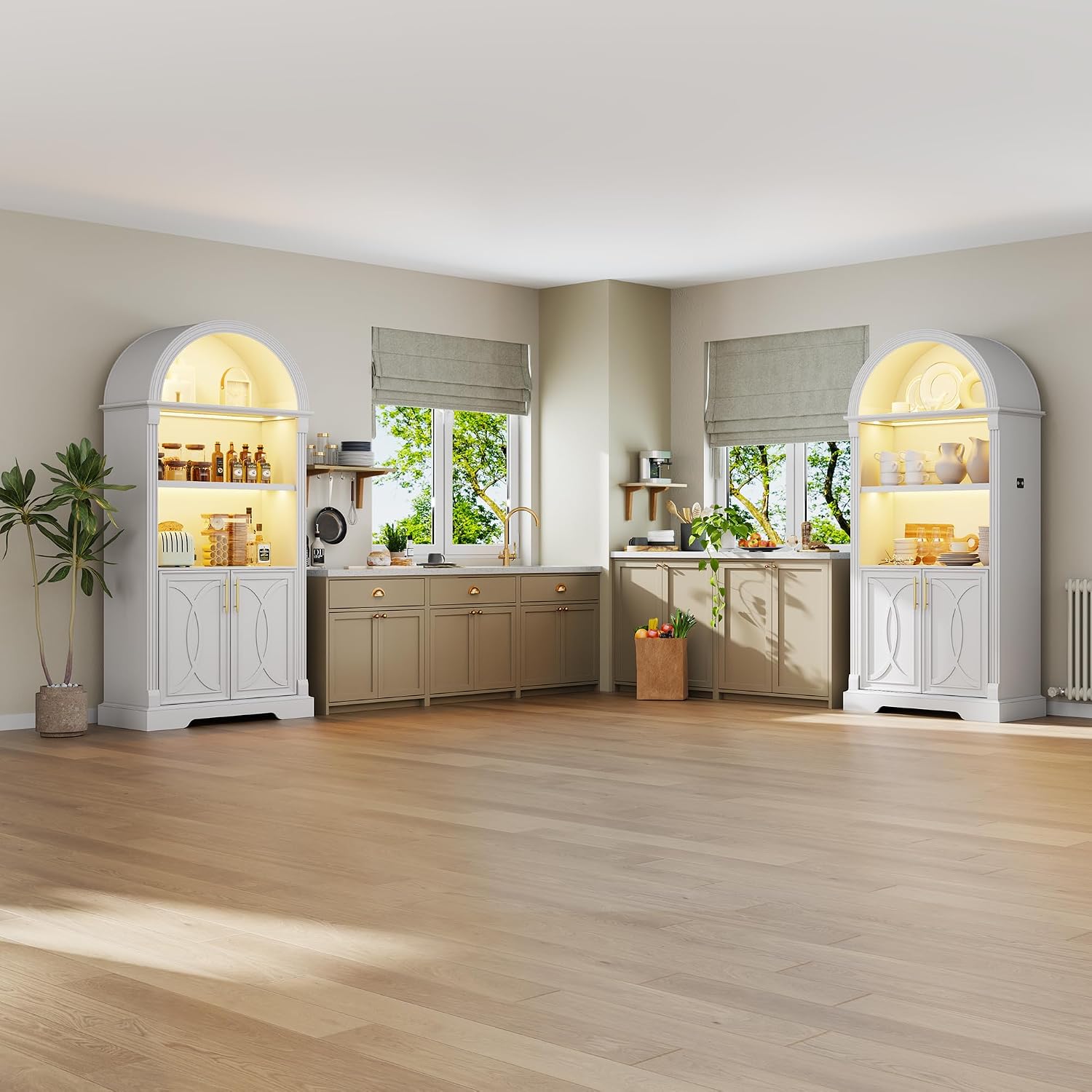 Vlsrka 71" Tall Arched Cabinet, Kitchen Pantry Cabinets, Arched Bookshelf/Bookcase,China Cabinet, Wood Kitchen Storage Cabinets with Open & Adjustable Shelves, Induction 3 Color Lights, White