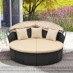 HAPPYGRILL Round Outdoor Daybed with Canopy, Wicker Rattan Sectional Sofa with Cushions, Patio Conversation Set for Lawn Garden Backyard Poolside (Black Beige No Table)