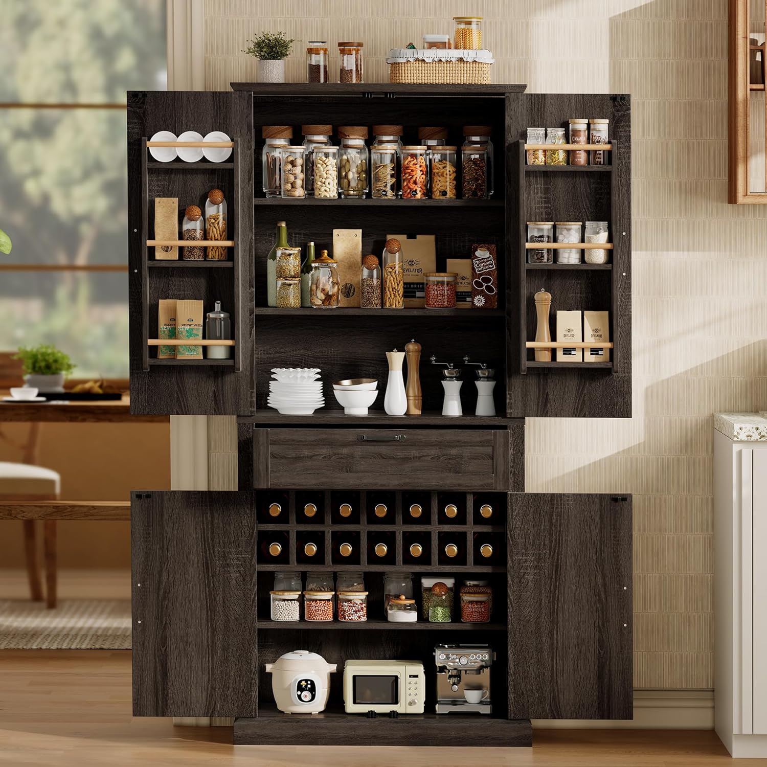 Ball & Cast Farmhouse Kitchen Pantry Cabinet, Brown, 71 Inch | Adjustable shelves, microwave shelf, wine rack & drawer storage