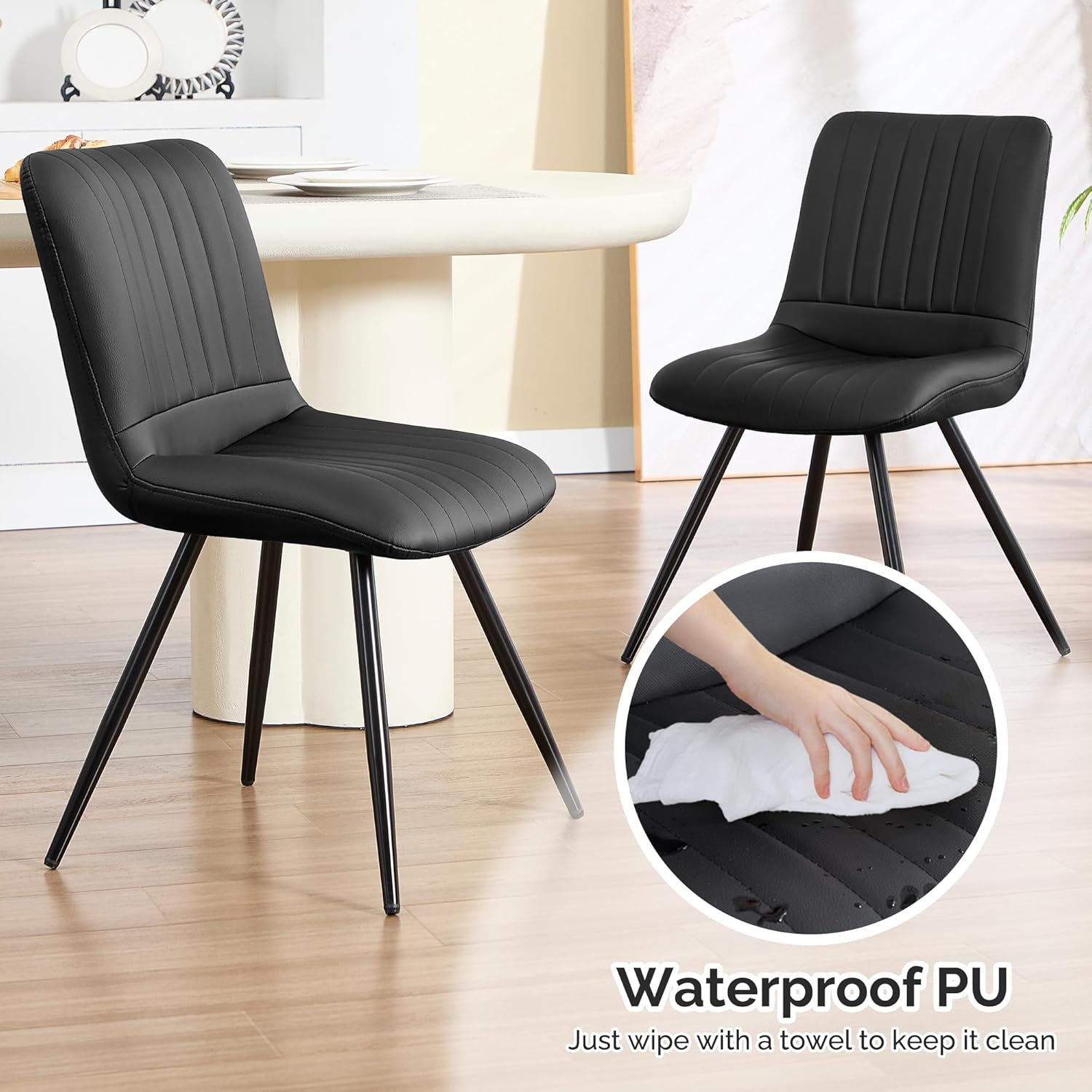 Black Dining Chairs Set of 4, Dining Chairs with Thick Cushions, PU Leather Upholstered Kitchen Dining Room Chairs with Metal Legs for Dining Living Room