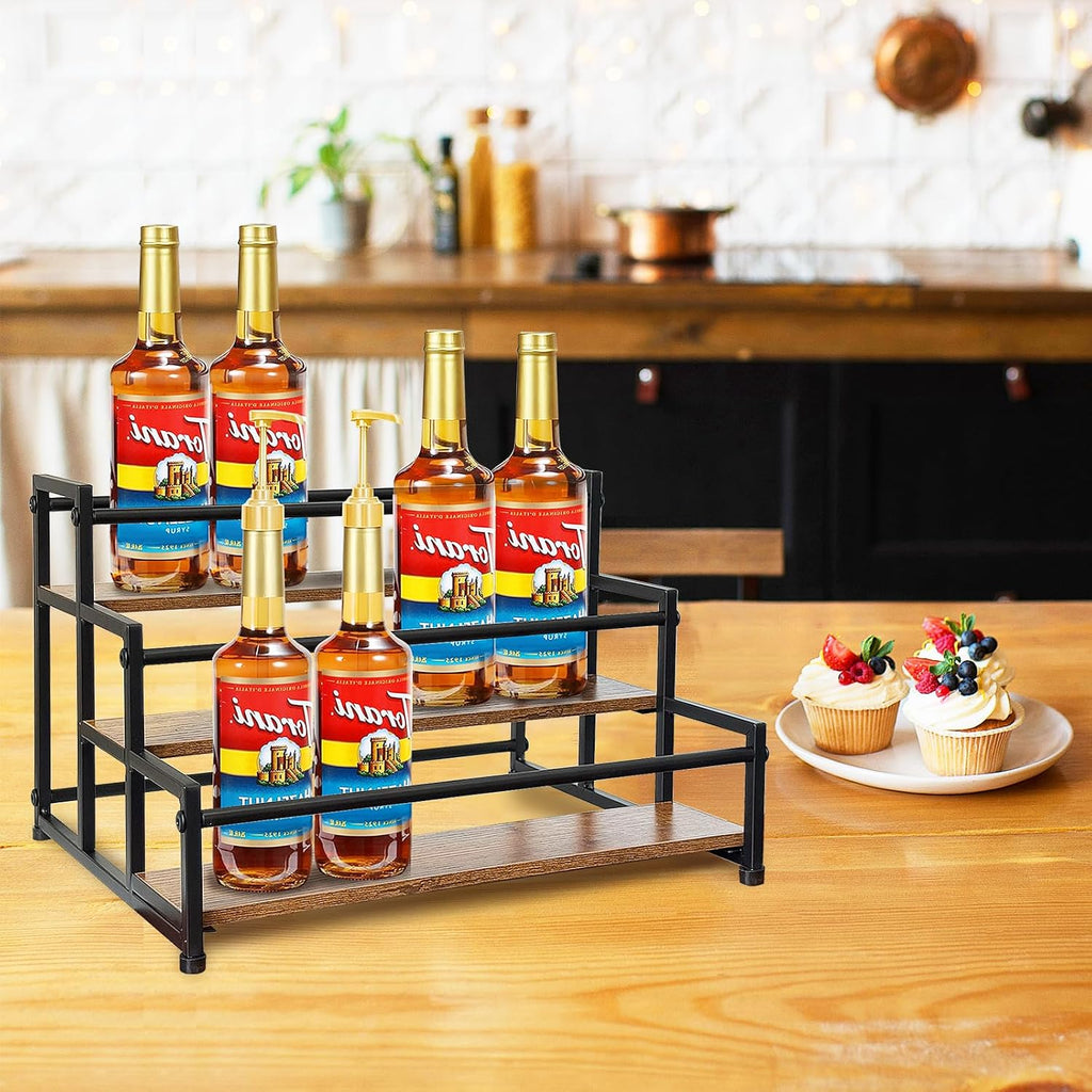 Klxuyuo 3-Tier Coffee Syrup Rack for 15 Bottles (750ml) –Sturdy Coffee Syrup Organizer for Bar, Kitchen, Café, Office
