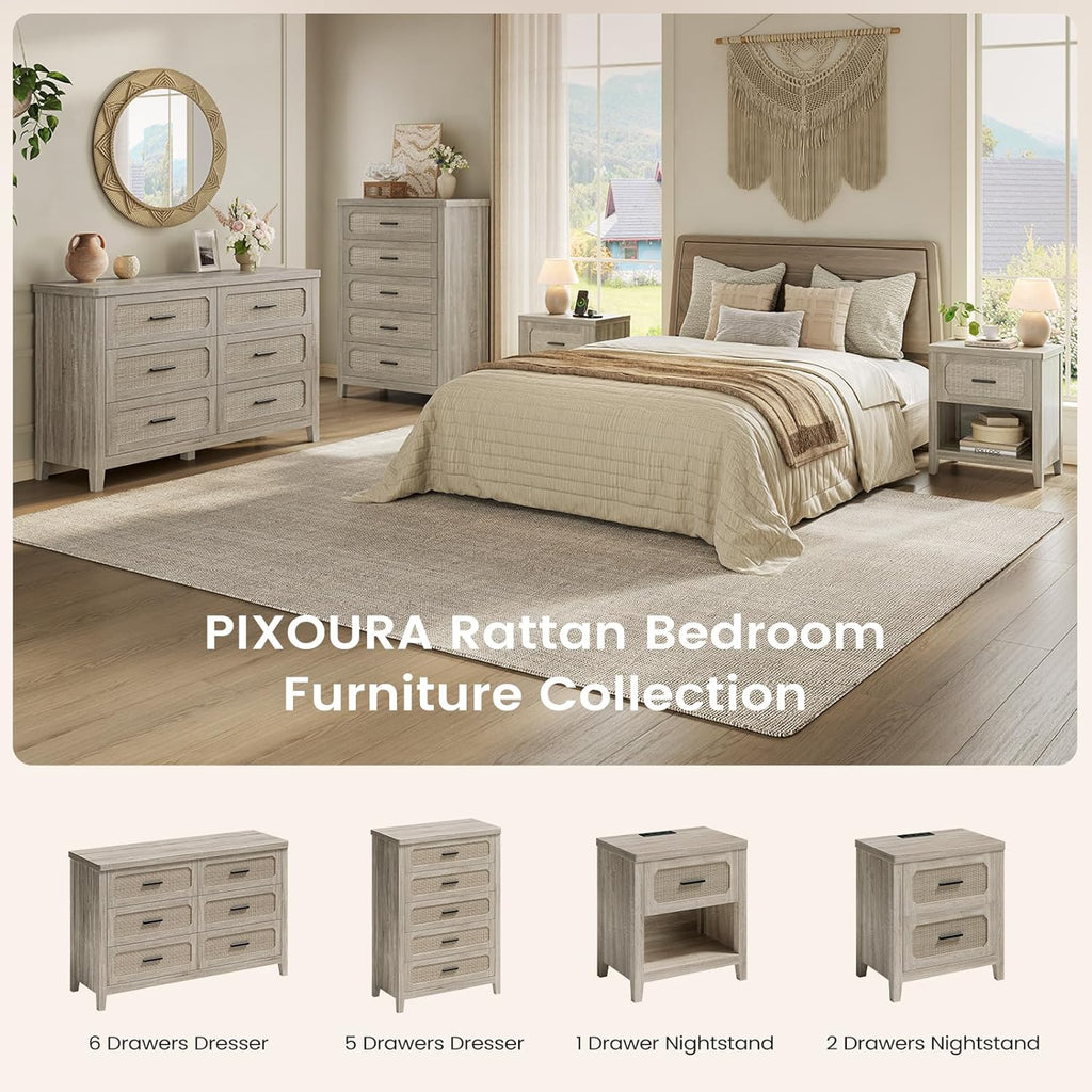 Rattan Nightstand Set of 2 with Charging Station, 22'' Wide Bedside Table with Drawer & Open Shelf, Wood Night Stand End Side Table with Storage for Bedroom, Grey Oak