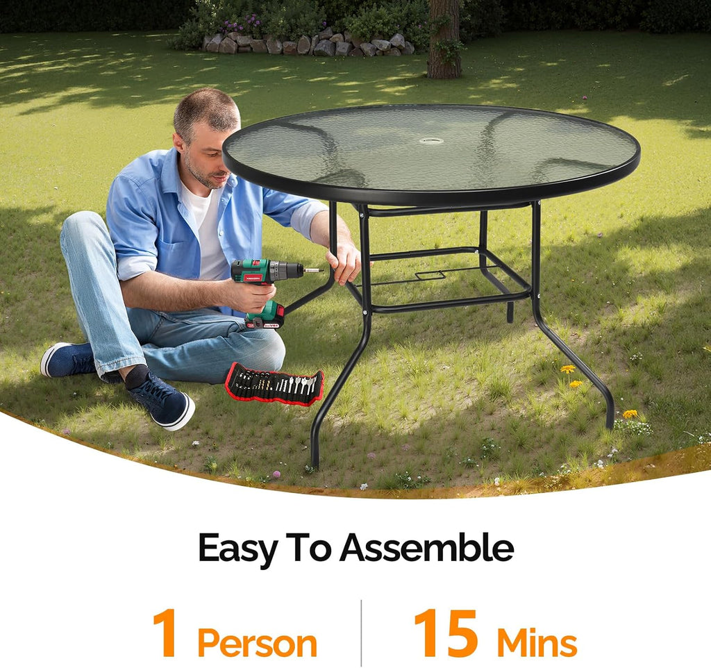 VINGLI 40'' Outdoor Dining Table with Umbrella Hole, All Weather Round Patio Table, Waterwave Tempered Glass Top and Metal Frame, for Garden Porch Balcony Yard